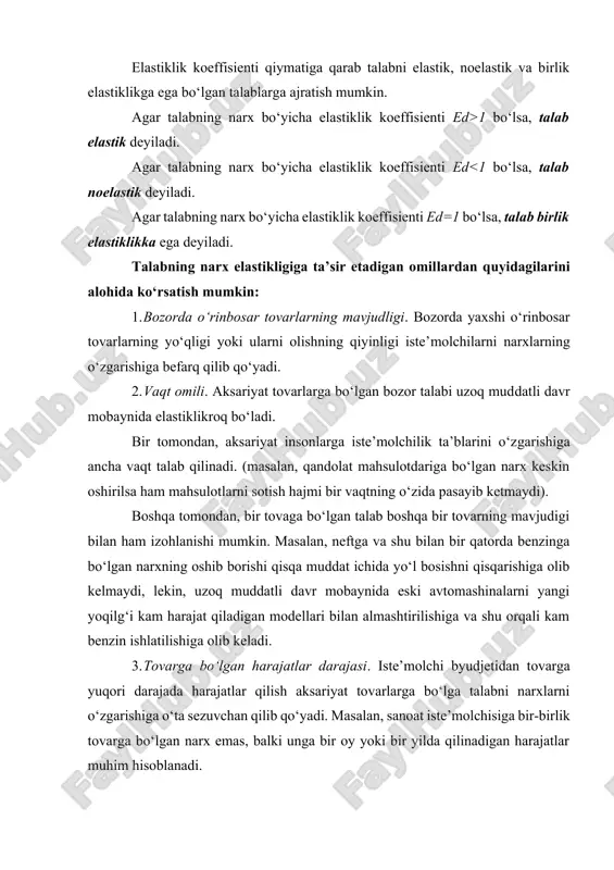 atga qaraganda yuqoriroq, iqtisodiyotning siklli o‘zgarishlariga o‘ta sezuvchan bo‘ladi. 4.taklifning elastikligi ishlab chiqaruvchilarni bozor kon’yunkturasidagi ayrim omillarning o‘zgarishlariga nisbatan sezuvchanligini tahlil qilish uchun aksariyat hollarda narx bo‘yicha taklif elastikligi koeffisientidan foydalaniladi. narx bo‘yicha taklif elastikligi koeffisienti es – narxning bir foizga o‘zgarishi natijasida taklif hajmining son jihatidan foiz bo‘yicha o‘zgarishini bildiradi. bunday elastiklikning qiymati ijobiy bo‘ladi, chunki, ishlab chiqaruvchilar uchun yuqori narx ularni ko‘proq mahsulot ishlab chiqarishga rag‘batlantiradi. aniq tovarga bo‘lgan bozor taklifi alohida firmalarning individual takliflarining yig‘indisidan shakllanadi. buning natijasida bozordagi taklifning elastiklik hajmi alohida firmalarning bozordagi ulushi va ular taklifining elastiklikligiga bog‘liq. taklif elastikligini aniqlab beruvchi asosiy omillarga quyidagilarni kiritish mumkin: 1. ishga tushirilmagan ishlab chiqarish kuchlarining mavjudligi. o‘sib borayotgan talab ishlab chiqarish kuchlarini nisbatan tezroq ishga tushirish evaziga qondirilishi mumkin. 2. sotish uchun taklif qilinayotgan tovar va xizmatlarning turlari. tez o‘zgarib turadigan va bu jarayonda qo‘shimcha sarmoya talab qilmaydigan tovar, xizmatlar, texnologiya va ishlab chiqarish hajmlari boshqalarga …