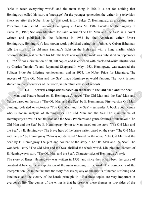 eated " based on the novel "the old man and the sea" by e. hemingway the plot and content of the story "the old man and the sea". the wonderful story "the old man and the sea" thrilled the whole world. life plot and content of e. hemingway's story "the old man and the sea". characteristics of hemingway's style the story of ernest hemingway was written in 1952, and since then it has been the cause of constant debate in the interpretation of the main meaning of the work. the complexity of the interpretation lies in the fact that the story focuses equally on the motifs of human suffering and loneliness and the victory of the heroic principle in it.but these topics are very important in everyone's life. the genius of the writer is that he presents these themes as two sides of the same coin, and the main point …