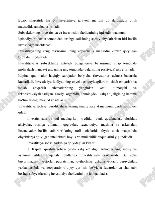 lar shakllariga ko‘ra: moliyaviy, moddiy, mulkchilik huquqlari turlariga bo‘linadi. moliyaviy investitsiyalarga pul, depozitlar, ulush, aksiyalar, obligatsiyalar va boshqa o‘zoq muddatli qimmatli qog‘ozlar kiradi. moddiy turdagi investitsiyalar ikki guruhga: ko‘zg‘aluvchan mulkka va kuchmas mulkka bo‘linadi. ko‘zg‘aluvchan mulkka mashina va qurilmalar, hamda boshqa moddiy boyliklar kiradi. kuchmas mulkka bino, inshoot, kommunikatsiya qurilmalari, ya’ni ko‘p hollarda asosiy fondlarning passiv qismi kiradi. investitsiyalarning turli-tuman shakllari bo‘lib, mulkchilik huquqlari hisoblanadi. bunday turdagi investitsiyalarni to‘plami bozor munosabatlarining rivojlanish darajasiga va milliy bozor hususiyatlariga ko‘ra o‘zgarib turadi. investitsiya to‘plami ichidan birinchi navbatda intellektual boylikka ega bo‘lgan huquqlar, tabiiy resurslar va boshqa turdagi resurslardan foydalanish huquqlari ajralib chiqadi. investitsiyalarning intellektul huquqlar turi mualliflik huquqlari, nou-xau va boshqalar ko‘rinishida bo‘lishi mumkin. chet el sarmoyadorlari tomonidan institutsion birliklarning ustav kapitaliga ulush sifatida tovar belgilaridan foydalanish huquqini berish, shu xo‘jalik birliklarining sifatli tovar ishlab chiqarishiga olib keladi. oqibatda, bunday harakat xo‘jalik birliklarining intensiv rivojlanishiga, shuningdek, o‘zbekiston respublikasiga chet el investitsiyalarining oqib …
