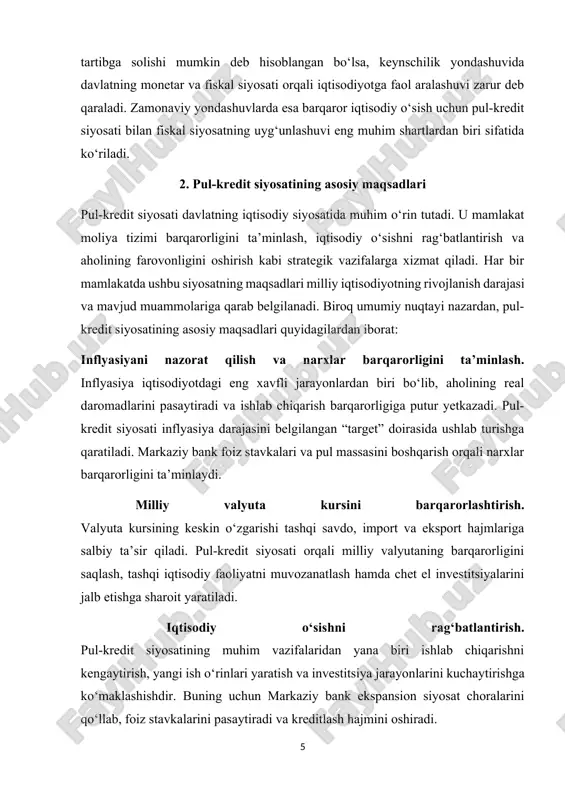 pul-kredit siyosatining asosiy maqsadlari quyidagilardan iborat: inflyasiyani nazorat qilish va narxlar barqarorligini ta’minlash. inflyasiya iqtisodiyotdagi eng xavfli jarayonlardan biri bo‘lib, aholining real daromadlarini pasaytiradi va ishlab chiqarish barqarorligiga putur yetkazadi. pul-kredit siyosati inflyasiya darajasini belgilangan “target” doirasida ushlab turishga qaratiladi. markaziy bank foiz stavkalari va pul massasini boshqarish orqali narxlar barqarorligini ta’minlaydi. milliy valyuta kursini barqarorlashtirish. valyuta kursining keskin o‘zgarishi tashqi savdo, import va eksport hajmlariga salbiy ta’sir qiladi. pul-kredit siyosati orqali milliy valyutaning barqarorligini saqlash, tashqi iqtisodiy faoliyatni muvozanatlash hamda chet el investitsiyalarini jalb etishga sharoit yaratiladi. iqtisodiy o‘sishni rag‘batlantirish. pul-kredit siyosatining muhim vazifalaridan yana biri ishlab chiqarishni kengaytirish, yangi ish o‘rinlari yaratish va investitsiya jarayonlarini kuchaytirishga ko‘maklashishdir. buning uchun markaziy bank ekspansion siyosat choralarini qo‘llab, foiz stavkalarini pasaytiradi va kreditlash hajmini oshiradi. moliyaviy barqarorlikni ta’minlash. bank-moliya tizimining mustahkamligi iqtisodiy o‘sishning kafolatidir. pul-kredit siyosati tijorat banklari faoliyatini tartibga solish, kredit risklarini kamaytirish va likvidlikni qo‘llab-quvvatlash orqali moliyaviy tizim barqarorligini …