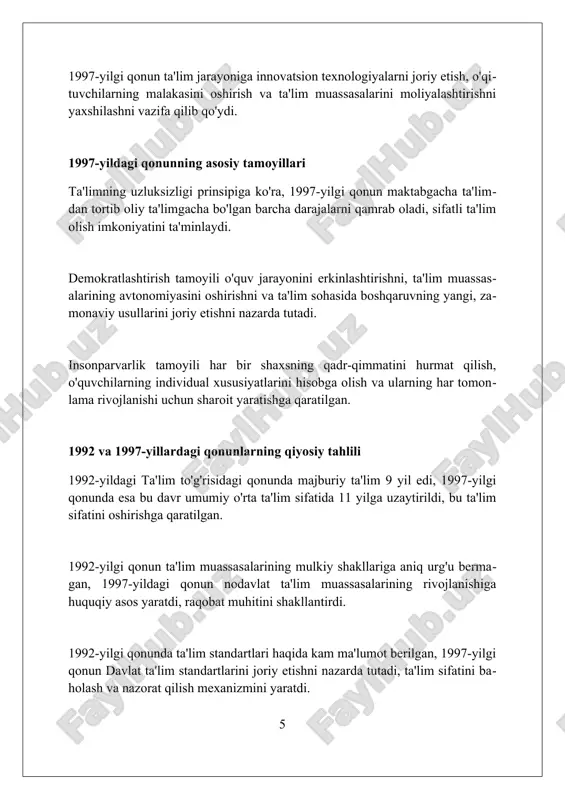 ashtirish uchun asos boʻldi. ushbu qonunlar taʼlim sohasidagi islohotlarning asosiy yoʻnalishlarini belgilab berdi, bu esa taʼlim sifatini oshirish va kadrlar tayyorlash tizimini takomillashtirishga qaratilgan muhim qadam edi. qonunlar jamiyatning ijtimoiy-iqtisodiy rivojlanishida taʼlimning rolini kuchaytirishga, shuningdek, har bir fuqaroning sifatli taʼlim olish huquqini taʼminlashga yoʻnaltirilgan edi. xulosa 1992 va 1997-yillardagi ta'lim qonunlari o'zbekistonda ta'lim tizimini isloh qilish va rivojlantirish uchun muhim huquqiy asos yaratdi. foydalanilgan adabiyotlar 1. o‘zbekiston respublikasining "ta'lim to‘g‘risida"gi qonuni, 1992-yil 2-iyul. 2. o‘zbekiston respublikasining "kadrlar tayyorlash milliy dasturi to‘g‘risida"gi qonuni, 1997-yil 29-avgust. 3. o‘zbekiston respublikasi oliy majlisining "kadrlar tayyorlash milliy dasturini amalga oshirish bo‘yicha chora-tadbirlar to‘g‘risida"gi qarori, 1997-yil 29-avgust. 4 0 0 0 7