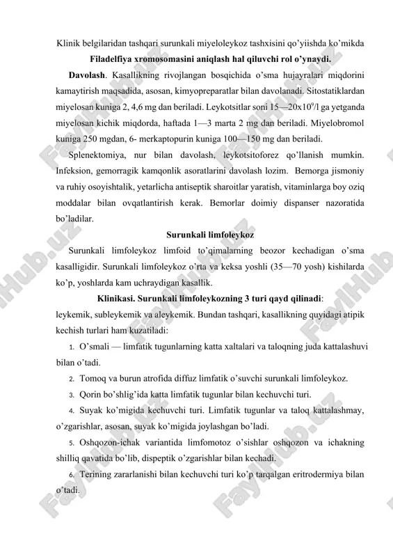 a va keksa yoshli (35—70 yosh) kishilarda ko’p, yoshlarda kam uchraydigan kasallik. klinikasi. surunkali limfoleykozning 3 turi qayd qilinadi: leykemik, subleykemik va aleykemik. bundan tashqari, kasallikning quyidagi atipik kechish turlari ham kuzatiladi: 1. o’smali — limfatik tugunlarning katta xaltalari va taloqning juda kattalashuvi bilan o’tadi. 2. tomoq va burun atrofida diffuz limfatik o’suvchi surunkali limfoleykoz. 3. qorin bo’shlig’ida katta limfatik tugunlar bilan kechuvchi turi. 4. suyak ko’migida kechuvchi turi. limfatik tugunlar va taloq kattalashmay, o’zgarishlar, asosan, suyak ko’migida joylashgan bo’ladi. 5. oshqozon-ichak variantida limfomotoz o’sishlar oshqozon va ichakning shilliq qavatida bo’lib, dispeptik o’zgarishlar bilan kechadi. 6. terining zararlanishi bilan kechuvchi turi ko’p tarqalgan eritrodermiya bilan o’tadi. kasallikning kechishi. surunkali limfoleykoz kechishining 3- bosqichi qayd qilinadi. birinchi — boshlang’ich davri nisbatan uzoq (2—3 yil) bo’lib, bemor ahvoli qoniqarli bo’ladi, limfatik tugunlar, taloq va jigarning kattalashganligi, qondagi va ko’mikdagi kasallikka xos o’zgarishlar tasodifan aniqlanadi. ikkinchi — kasallikning zo’rayish davrida limfatik tugunlar, jigar …