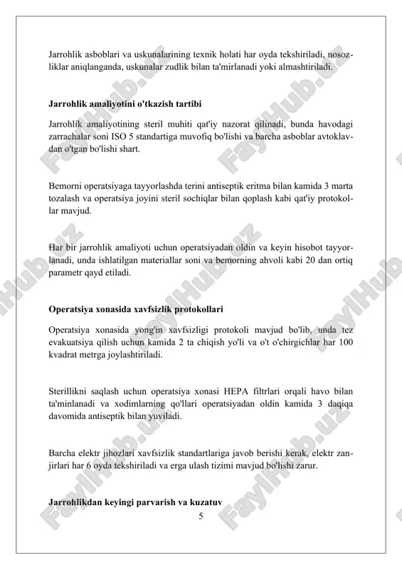 rini (voisafe) o'zlashtirish va amalda qo'llash bo'yicha simulyatsiya mashqlarida qatnashib, 100% muvaffaqiyatga erishishlari lozim. maxfiylik va bemor huquqlariga rioya qilish bemorning tibbiy ma'lumotlari qat'iy maxfiylikda saqlanadi, ularga faqat davolashda bevosita ishtirok etuvchi 3-5 nafar tibbiy xodimning ruxsati bor. har bir bemor operatsiyadan oldin 72 soat ichida operatsiya jarayoni, risklari va muqobil davolash usullari haqida to'liq ma'lumot olish huquqiga ega. maxfiylik siyosati bemorning shaxsiy ma'lumotlarini himoya qilishni kafolatlaydi, shuningdek, bemorning 2003-yilgi hipaa qoidalariga muvofiq ma'lumotlariga kirish huquqini ta'minlaydi. xulosa jarrohlik bo'limining operatsion tartiblari bemor xavfsizligini, samaradorlikni va muvaffaqiyatli natijalarni ta'minlash uchun standartlashtirilgan amaliyotlarni kafolatlaydi. foydalanilgan adabiyotlar 1. jarrohlik bo'limining ishlash tartibi. sog'liqni saqlash vazirligi buyrug'i, sana va raqami ko'rsatiladi (agar o'zbekistonda mavjud bo'lsa). 2. xirurgiya amaliyotlari bo'yicha qo'llanma. muallif(lar) va nashriyot ko'rsatiladi. 3. anesteziologiya va reanimatsiya bo'yicha klinik protokollar 0 0 0 7