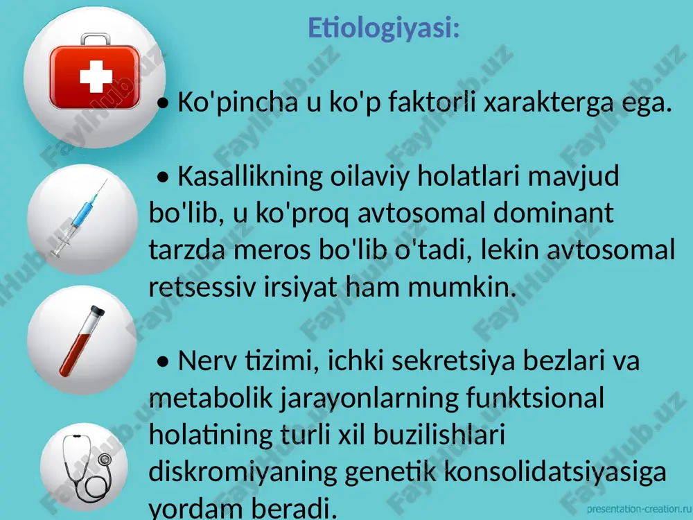 manba moddasi - tirozindan foydalanishiga asosladi. muhim mahsulot (birinchi - katexolaminlar, ikkinchisi - melanin). • o'z-o'zini yo'q qilish nazariyasi. unga ko'ra, vitiligoda melanotsitlarning nobud bo'lishi yoki melanogenez jarayonida ishtirok etuvchi moddalar metabolitlarining toksik ta'siri tufayli yoki melanosomalarning normal nobud bo'lishini boshqaradigan mexanizmdagi disregulyatsiya tufayli sodir bo'ladi. bu nazariyaning kelib chiqishi bleehen s. va boshqalar edi. [1965] va pathak m. va boshqalar. [1966], ular melanotsitlarning yo'q qilinishi fenolik birikmalarda erkin radikallarning paydo bo'lishi natijasida sodir bo'ladi, deb hisoblagan. 17 immun nazariyasi. qariyb 40 yildan beri muhokama qilinmoqda. uning asoschisi lorincz a. hisoblanadi, u 1959 yilda birinchi marta vitiligoning asosi patologik o'zgargan melanotsitlar yoki tirozinazaga autosensibilizatsiya ekanligi haqida fikr bildirgan. 18 • irsiy nazariya. bu hatto nazariya emas, balki bu haqdagi fikr hind mualliflari tomonidan eng ko'p rioya qilingan vitiligoning genetik tabiati [bhatia p.s., 1992]. biroq, bu masala bo'yicha mavjud bo'lgan barcha ma'lumotlar hech qanday tarzda kasallikning biron bir o'ziga xos merosini …
