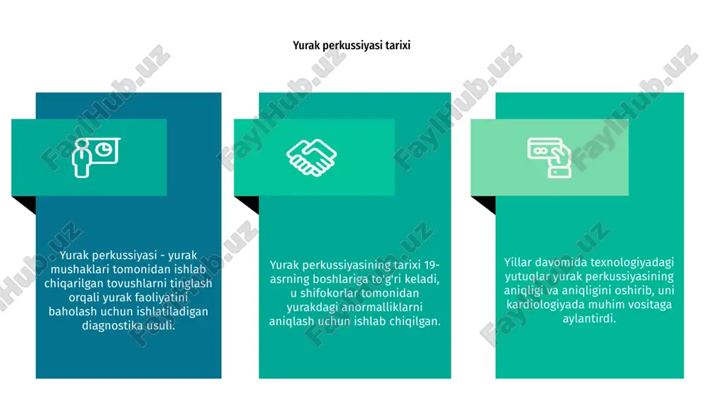 tlarni tez va invaziv bo'lmagan tarzda taqdim etishi mumkin. 3 yurak perkussiyasi ilg'or tasvirlash usullari kabi aniq bo'lmasa-da, u diagnostika jarayonida qimmatli vositadir. u yurakning holati haqida ma'lumot beradi va sog'liqni saqlash xodimlariga bemorni parvarish qilish bo'yicha ongli qarorlar qabul qilishda yordam beradi. 2 yurak perkussiyasining kelajakdagi tendentsiyalari a yurak perkussiyasi texnologiya va tibbiy tadqiqotlar rivoji bilan doimo rivojlanib borayotgan hal qiluvchi diagnostika vositasidir. b yurak perkussiyasining kelajakdagi tendentsiyalari yurak faoliyatini baholash uchun ishlatiladigan asbob-uskunalarning aniqligi, qulayligi va ko'chmaligiga e'tibor qaratadi. c raqamli stetoskoplar va ai integratsiyasi kabi innovatsiyalar kelgusi yillarda yurak perkussiyasi sohasida inqilob qilishi kutilmoqda. xulosa qilib aytadigan bo'lsak, yurak perkussiyasi yurakning holati haqida tushuncha beradigan qimmatli diagnostika vositasidir. u yurak hajmi, shakli va faoliyatidagi anormalliklarni aniqlashga yordam beradi. bizning topilmalarimizga asoslanib, yurak xastaligi xavfi bo'lgan yoki yurak muammolari alomatlarini ko'rsatadigan bemorlarga muntazam ravishda yurak perkussiyasi tekshiruvini tavsiya qilamiz. erta aniqlash davolashning yaxshi natijalariga olib kelishi mumkin. xulosa …