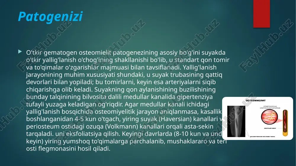 o o'ziga xos emas va metall protezli bemorlarda foydali bo'lishi mumkin. suyak iligi tadqiqotlari bilan birgalikda wbc ko'rish osteomielit tashxisida 90% aniqlik darajasiga ega.osteomiyelitning tashxisi ko'pincha sklerotik halqali litik markazni ko'rsatadigan rentgenologik ma'lumotlarga asoslanadi. suyak biopsiyasidan olingan materialning madaniyati ma'lum bir patogenni aniqlash uchun zarur; igna teshilishi yoki sirt tamponlari kabi muqobil namuna olish usullarini bajarish osonroq, ammo ishonchli natijalarni ta'minlashga ishonib bo'lmaydi.odatda osteomiyelitni murakkablashtiradigan omillar suyak sinishi, amiloidoz, endokardit yoki sepsisdir. davolash kasallangan joyni bezovta qilmaslik,kasallangan qo’l yoki oyoq immobilizatsiya qilinishi zarur.antibiotiklar,sulfanilamidlar va nitrofuran dori-darmonlar keng qo’llaniladi. antibiotiklarni yuborish va yiringni chiqaib yuborish uchun suyakka igna yokimmikroirrigatorlarni kiritish bilan suyak mikroperforatsiya metodi qo’llaniladi. plazmalar va ko’p miqdorda suyuqliklar yuboriladi.yiring to’plangan joylarning hammasini ochib,nekrotik to’qimalarni kesish va suyak bo’laklarini olib tashlash ham muhimdir. 1. umumiy davolash - antibiotik terapiyasi (mushak ichiga yarim sintetik sefalosporinlar, linkomitsin, sefalosporinlar) - detoksifikatsiya terapiyasi (gemodez, neogemodez, polidez, reopoliglyukin, poliglukin) - immunokorrektsiya va simptomatik terapiya 2. …