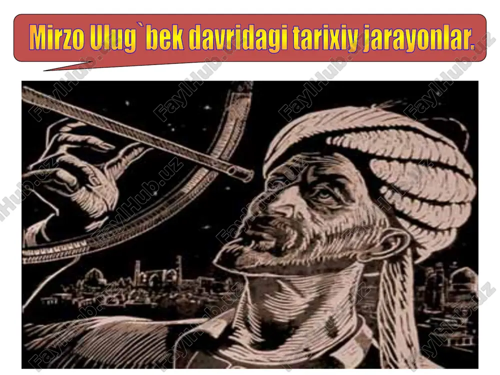 hur ulug`bek samarqandga asos soladi. ulug`bek o`sha davrning ko`plab iste`dodli olimlarini akademiya to`plagan. ularning ijod qilishlari uchun barcha shart-sharoitlar yaratib berilgan. ulug`bekning ustozi qozizoda rumiy, g`iyosiddin jamshid koshiy va shogirdi ali qushchilar akademiyasining eng mashhur olimlari edilar. ulug`bek jahon ilim-fani taraqqiyotigas qo`shgan beqiyos hissasi bilan tirikligidayoq o`ziga haykal o`rnatib ketgan buyuk allomadir. mirzo uluqbekning "ziji jadidi kuragoniy" asari samarqand munajjimlari va ularning g`amxo`r, mohir yetakchisi bo`lgan mirzo ulug`bek falakiyot fanining taraqqiyotga salmoqli qissa qo`shdi. uning "ziji jadidi kuragoniy" asari astronomiya ilmi tarixida alohida o`rin tutadi va u o`rta asr falakiyot fanining durdonasi hisoblanadi. "ziji jadidi kuragoniy" avvalambor mirzo ulug`bek bosh qosh bo`lgan samarqand rasadxonasining ko`p yillik mehnati samarasi sharq klassik astronomiyasining nazariy va amaliy masalalarini o`zida mujassamlashtirgan, uni yangi dalilu-isbotlar bilan boyitgan shoh asardir. "ziji jadidi kuragoniy" asosan ikki qismdan: katta muqaddima va 1018 ta yulduzlarning o`rni va holati aniqlab berilgan jadvallardan iborat. muqaddimaning o`zi to`rtta mustaqil qismga bo`lingan. ular:birinchi …