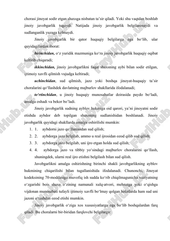 shaxslar tomonidan qo‘llanishi mumkin. 4. 4. qo‘llash tartibiga ko‘ra. jinoiy javobgarlikka tortishning maxsus tartibi faqat jinoyat protsessual kodeksida belgilangan jinoyat protsessual kodeksi tergov organlari va sud tomonidan jinoiy javobgarlikka tortish tartibini belgilaydi. qolgan huquqiy ta’sir choralari esa boshqa huquq normalari bilan tartibga solinadi. 5. 5. javobgarlikka tortiluvchi subyektlar doirasiga ko‘ra. jinoiy javobgarlik alohidalik xususiyatiga ega bo‘lib, faqat jinoyat sodir etgan jismoniy shaxsga nisbatan qo‘llanadi. boshqa javobgarlik choralari esa yuridik shaxslarga nisbatan ham qo‘llanishi mumkin. masalan, fuqarolik kodeksida javobgarlikda yuridik shaxslar uchun ham javobgarlik belgilangan. jinoiy javobgarlikka tortish asoslari jinoyat huquqida shaxsni jinoiy javobgarlikka tortish asoslari muhim jinoyat-huquqiy muammolardan biri hisoblanadi. jinoiy javobgarlikka tortish asoslari falsafiy va yuridik jihatdan ko‘rib chiqiladi. nota bene! jinoiy javobgarlikning falsafiy jihati shaxsda o‘z harakatini boshqara olish erkinligi mavjud bo‘lgan, qonun doirasida harakat qilishi mumkin bo‘lgan, ammo bu imkoniyatni suiste’mol qilib qonuniy taqiqni buzgan hollarda qo‘llaniladi. shaxs o‘z harakatlarini amalga oshrishda mustaqil bo‘ladi. bu masala yuzasidan …