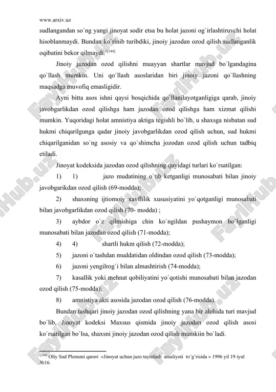 bilan qaraganligi, mahkumning og`ir kasalligi va boshqalar kiradi. ikkinchi guruhga, mahkumning jazoni ijro etishdan bo`yin tovlashi kiradi. jazoni ijro etish muddatining o`tishi sud hukmi qonuniy kuchga kirgan kundan boshlab hisoblanadi. yuqorida aytib o`tilganidek hukm bir qator asoslarga ko`ra ijro etilmagan vaqt davomida aybdorga bog`liq bo`lmagan yoki yangi jinoyat sodir etilmagan va jazoni ijro etishdan bo`yin tovlamagani holda muddatning o`tishi hisoblanadi. boshqacha qilib aytganda muddatning o`tish qoidasi buzilmagan bo`lsa, ushbu muddat o`tishi bilan ayblov hukmi ijro etilmaydi. jazoni ijro etishdan bo`yin tovlash deganda, tayinlangan jazoni ijro etishdan qochishga qaratilgan har qanday qasddan qilingan harakat tushuniladi. jazoni ijro etishdan bo`yin tovlash, yangi jinoyat tarkibini tashkil qilmaydigan harkatlardan iborat bo`lishi kerak. jinoyat kodeksi 69-moddasiga muvofiq sud hukmi qonuniy kuchga kirgan kundan boshlab: 1) uch yildan ortiq bo`lmagan muddatga ozodlikdan mahrum qilingan yoki ozodlikdan mahrum qilish bilan bog`liq bo`lmagan jazoga hukm qilinganda - uch yil; 2) besh yildan ortiq bo`lmagan muddatga ozodlikdan mahrum etishga …
