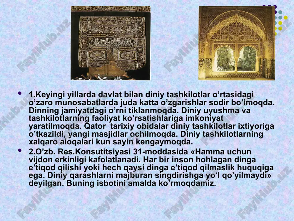 imkon bergan edi». mitz nomli ustoz islom muruvvati haqida quyidagi guvohlikni beradi: «o’rta asrlarda islom mamlakati bilan xristian ovruposi orasidagi farq shundan iborat ediki, birinchisida islomdan boshqa ko’pgina dinlarning vakillari ham bemalol yashar edilar, ikkinchisida esa unday emas edi. islom mamlakatida kanisa va senogoklar hukumat ixtiyoridan tashqarida davr surar edi, xuddi bu mamlakatda emasdek. bu borada ular ahdnomalarda ko’rsatilganidek huquqdan to’la foydalanar edilar. zarurat yuzasidan yahudiy va xristianlar musulmonlar bilan yonma-yon yashadilar. bu holat o’rta asrlarda ovrupo bilmagan muruvvatni yuzaga keltirdi. yahudiy va xristianlar o’z dinlarida hur edilar». islomda ilm-fan va madaniyat tarixda, shu jumladan, g`arblik tarixchilarning guvohliklari bilan avvalgi musulmonlar er yuzida tarqalib, xalqlarga islom da’vatini etkazganlar. shu bilan bir vaqtda o’sha erdagi o’zlari uchratgan ilm-fan, madaniyat va san’atni o’rganganlar. ularning ilmga bo’lgan qiziqishi shu narsalar yozib qoldirilgan manbalardan o’rganishga undagan. musulmonlar o’zlari kirib borgan yurtlardagi ilmiy kitoblarni boshqalarga o’xshab yo’q qilib kuydirib yubormanglar, balki ularni to’plab, katta-katta ilmiy …