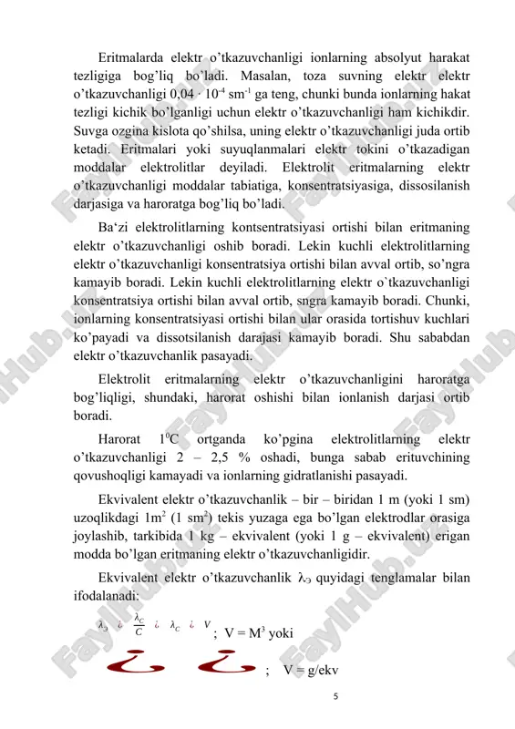 nt va molyar elektr o’tkazuvchanliklar o’zaro quyidagicha bog’langan μ=zλ , bu yerda z – elektrolit molekulasidagi g-ekv lar soni. elektrolit eritmasida har bir ion atrofida ion atmosfe-rasining bo’lishi ionlarning tormozlanishiga olib keladi: · ion atmosferasining ionga qarama-qarshi tomonga harakati elektroforetik (yoki katoforetik) tormozlanishni keltirib chiqaradi; · ionning orqasidagi ion atmosferasida ortiqcha miqdorda qarama-qarshi zaryadning bo’lishi relaksatsion tormozlanishga olib keladi. relaksatsion tormozlanish asimmetrik effekt ham deyiladi: har qanday ion harakatlanayotganda uning ion atmosferasi sferik simmetriyasi buziladi. harakatlanayotgan ion atrofidagi mavjud ion atmosferasining tarqalishi va yangi atmosferaning hosil bo’lishi bir onda sodir bo’lmaydi, uning tiklanishi uchun relaksatsiya vaqti talab qilinadi. natijada harakatdagi ionning oldida ion atmosferasi tashkil topishga, orqasida esa, to’la buzilishga ulgurmaydi. shu sababli, harakatlanayotgan ionning oldidagi qarama-qarshi zaryad-ning zichligi bir oz kamroq, orqasida esa yuqoriroq bo’ladi. bu relaksatsion tormozlanishga olib keladi.ritmaning kontsentratsiyasi ortishi bilan kuchli elektro-litlarda ionlar harakatchanligining va ekvivalent elektr o’tkazuvchanlikning kamayishiga relaksatsion tormozlanish sababdir ekvivalent elektr o’tkazuvchanlikning kontsentratsiyaga …