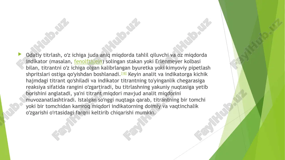 ti titrlash paytidagi harorat o‘lchov hajmiga ta’sir qiladi. harorat ortishi bilan eritma kengayadi, bu esa real hajmni oshiradi. agar titrant va aniqlanuvchi eritma haroratlari har xil bo‘lsa, titrlash aniqligi pasayadi. 2.4. indikatorning noto‘g‘ri tanlanishi agar indikator tanlovi analiz reaktsiyasi ekvivalent nuqtasini to‘g‘ri aks ettirmasa, ya’ni indikatorning rang o‘zgarishi ekvivalent nuqtaga mos kelmasa, bu sistematik xatolikka olib keladi. masalan, kuchsiz kislota va kuchli asos ishtirokidagi titrlashda fenolftalein ishlatilsa, ekvivalent nuqtasi oldinroq aniqlanib, natija noto‘g‘ri bo‘ladi. metodik xatoliklar metodik xatoliklar – bu titrlash usulining o‘zida, unga doir qoidalar yoki shartlarning buzilishida yuzaga keladi. bu xatoliklar asosan noto‘g‘ri texnologiya yoki noto‘g‘ri ishlatilgan usulga asoslangan bo‘ladi. 3.1. reaksiyaning to‘liq ketmasligi titrlash asosida yotgan kimyoviy reaksiya tez, to‘liq va stexiometrik bo‘lishi kerak. agar reaksiya sekin ketadigan yoki oraliq mahsulotlar hosil qiladigan bo‘lsa, bu metodik xatolikka olib keladi. masalan, ba’zi oksidlanish-tiklanish titrlovlarida katalizatorlar ishtirokisiz reaksiyaning to‘liq ketmasligi kuzatiladi. 3.2. eritmaning saqlanish sharoiti titrant sifatida ishlatiladigan eritmalar …