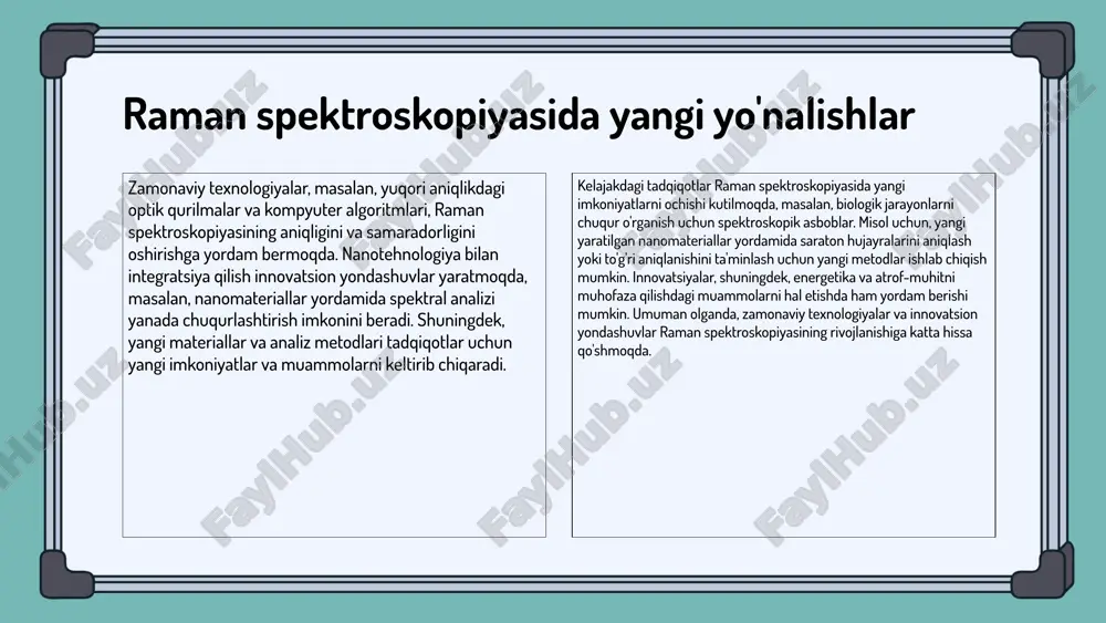 htirishga yordam beradi. raman spektroskopiyasiga raqamli texnologiyalarning kirishi, masalan, yuqori aniqlikdagi sensorlar va raqamli tahlil dasturlari yordamida amalga oshiriladi. bu texnologiyalar yordami bilan spektrlarni tez va aniq olish mumkin bo'lib, tadqiqotlar samaradorligini oshiradi. bu jarayonlar orqali olingan ma'lumotlar yanada kengroq tahlil qilinadi va bilimlarimizni boyitadi. innovatsion yechimlar, masalan, sun'iy intellekt va mashinani o'rganish metodlari, raman spektroskopiyasida qo'llanilishi bilan yangi imkoniyatlarga ega bo'ladi. ushbu texnologiyalar yordamida ma'lumotlarni avtomatik ravishda tahlil qilish va natijalarni oldindan aytish imkoniyatlari paydo bo'ladi. bu esa tadqiqot jarayonlarini tezlashtiradi va natijalarning aniqligini oshiradi. xulosa raman ta'siri molekulyar vibratsiyalar spektr hosil qilishda muhim rol o'ynaydi. u kimyo, biologiya va materialshunoslikda keng qo'llaniladi, biotibbiy tadqiqotlar va yangi materiallar tahlilida misollar keltiriladi. zamonaviy texnologiyalar va nanotehnologiyalar spektroskopiya jarayonlarini o'zgartirib, yangi materiallar va analitik metodlar rivojlanishiga sabab bo'ladi. e'tiboringiz uchun rahmat! image1.png image2.png image3.png image4.png image5.png image6.png image7.png image8.png image9.png image10.png image11.png image18.png image19.png image20.png image21.png image22.png image23.png