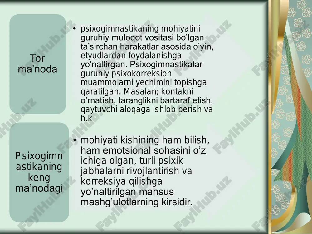 ol o‟zlashtirilsa, kattalarnikida bu rol yanada mustahkamlanadi, takomillashadi; masalan, bolalarning "mehmon-mehmon" o‟yinlarida mehmon va mezbon harakatlariga xos bo‟lgan asosiy qirralar o‟zlashtirilib, taqlid asosida ko‟nikmalar hosil qilinsa, kattalar shunga o‟xshash "o‟yinlarda" muomalaning eng mukammal va chiroyli jihatlarini mustahkamlab, davr madaniyatiga xos xulq-atvor shakllariga o‟rganadilar; b) • bolalar o‟yinlaridagi rollar hayotiy vaziyatlarni umumlashtirgan holda, umumiy tasavvurlar vositasida qaytarilsa, kattalarda bu narsa aniq vaziyatlar va yaqqol rollar vositasida amalga oshiriladi; v) • bolalar o‟yinlari ma‟lum ma‟noda stixiyali jarayon bo‟lsa, kattalar o‟yinida hayotiy qoidalar, normalar, me‟yorlar ataylab tashkil qilinadi va unga maxsus nazoratchilar - murabbiylar rahbarlik qiladilar; g) • bolalar tabiiy ravishda o‟zlari kirayotgan rolni hissiy boshdan kechirib, o‟yinga kirishsalar, kattalar ko‟proq u yoki bu rolga o‟zini identifikatsiya qilib, sun‟iy ravishda kiradi; d) • kattalar o‟yinining sifati va samaradorligi o‟ynovchining hayotiy kuzatishlari va shaxsiy tajribasiga bevosita bog‟liq bo‟ladi, bu o‟rinda onglilik, tashabbuskorlik va eruditsiya, yaqqol omillarni umumlashtirish kabi sifatlar muhim rol o‟ynaydi. a) • …
