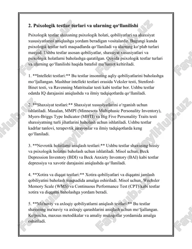 ndashuvlardan biridir. bu usullar insonlarning individual xususiyatlarini o'rganish va ular haqida chuqurroq tushuncha hosil qilish imkonini beradi. birinchidan, shaxs xususiyatlarini aniqlash uchun qo'llaniladigan test usullari ichida eng mashhurlari psixologik so'rovnomalar (mmpi - minnesota multiphasic personality inventory) hamda "besh katta yetakchi" (big five) modellari kabilardir. minnesota ko'p fazali shaxs inventariyasi (mmpi) 1943 yilda starke r. hathaway va j. c. mckinley tomonidan ishlab chiqilgan bo'lib, 567 savoldan iborat bo'lgan bu test turli xil psixologik buzilishlarni aniqlashda keng qo'llaniladi. hozirgi kunda ushbu testdan aqshda turli sohalarda, jumladan sud-psixologiyasida keng foydalaniladi. ikkinchidan, besh katta yetakchi modeli insonning beshta asosiy shaxsiy xususiyatini o'lchash uchun foydalangan nazariyadagi test hisoblanadi. bu beshta xususiyat quyidagilarni o'z ichiga oladi: ekstravertlik, kelishuvchanlik, vijdonlilik, emotsional barqarorlik hamda ochiqlik. ushbu sifatlarni o'lchash orqali insonning psixologik profilini tuzish mumkin. statistik jihatdan olib qaraganda, besh katta yetakchi modeli bo'yicha o'tkazilgan tadqiqotlar shuni ko'rsatadiki, insonlar orasida ekstrovertlik darajasi taxminan 50% atrofida ortiqcha bo'lishi mumkin, kelishuvchanlik …