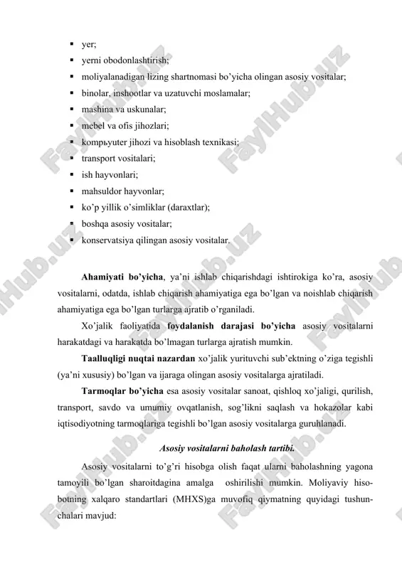 ini hisobga olgan holda ma’lum davrda qayta baholanadi. qayta baholash o’zbekiston respublikasida hukumat qaroriga muvofiq amalga oshiriladi. qayta baholash natijasidan keyingi asosiy vositalar qiymati qayta tiklash qiymati deb ataladi. bunday qayta baholashlar bizni mamlakatimizda 1925, 1945, 1960, 1972, 1992, 1995, 1997 va 2001, 2003 yillarda o’tkazilgan. qayta baholash amalga oshirilgan fursatdan boshlab ob’ektning qayta tiklash bahosi uning bosh-lang’ich qiymati hisoblanadi. joriy qiymat - bu ma’lum sanada amal qilayotgan bozor baholari bo’yicha asosiy vositalarning qiymati yoki o’zaro manfaatdor tomonlar o’rtasida aktivlar-ni almashtirish mumkin bo’lgan summadir. asosiy vositalar ishlatilishi jarayonida eskiradi va buning oqibatida esa uning boshlang’ich qiymati kamayib boradi. asosiy vositalarni o’z texnik-iqtiso- diy sifatlarini sekin-asta yo’qotib borishini pul ko’rinishida ifodalanishi ularni eskirishi deb aytiladi. qoldik qiymat - asosiy vositalarning boshlang’ich qiymati yoki joriy qiymatidan to’plangan eskirish summasini ayirmasidan keyingi hisobotda aks ettiriladigan qiymatdir. тugatish qiymati - bu asosiy vositalarning foydali xizmat qilish muddati oxirida asosiy vositalarni tugatishda paydo bo’ladigan qiymatdan …