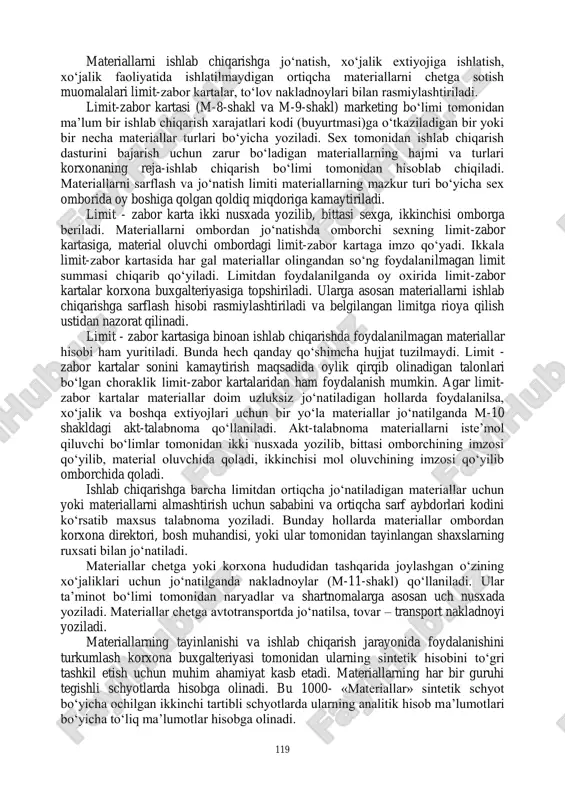 tomonidan shartnoma majburiyatlarini bajarilishini nazorat qilib boradi, materiallarning sifati va kamomadi bo‗yicha da‘volarni rasmiylashtiradi, agar yuklar o‗z vaqtida kelib tushmasa ularni qidirib topadi. transport tashkilotlaridan yuklarni qabul qilib olishda ekspeditor idishlar, plombalar holatiga alohida etibor berishi kerak. agar ular shikastlangan bo‗lsa, yuklarni tekshirish va topshirishni talab qiladi. basharti kamomad yoki nobudgarchilik aniqlansa, transport tashkilotiga yoki mol yuboruvchiga da‘vo qilish uchun tijorat dalolatnomasi tuziladi. ekspeditor tomonidan materiallar omborga topshirilishda moddiy javobgar shaxs kelib tushgan materiallarning soni, sifati va assortimentini mol yuboruvchining hujjatlarini solishtirib ko‗radi. haqiqiy kelib tushgan materiallarning miqdori mol yuboruvchilarning hujjatlarida ko‗rsatilganiga to‗liq mos kelsa, moddiy javobgar shaxs tomonidan kirim orderi (m-4 shaklidagi kirim orderi) yoziladi. dastlabki hujjatlar miqdorini kamaytirish maqsadida kelib tushgan materiallarni kirimga olishda kirim orderi yozilmasdan, mol yuboruvchining hujjatlariga (nakladnoylariga) kirim orderining asosiy rekvizitlari ko‗rsatilgan mahsus shtampa qo‗yib, uni to‗ldiradi. agar materiallar mol yuboruvchining omboridan avtotransport bilan markazlashgan holda olib kelinsa, to‗rt nusxada tovar-transport nakladnoyi (m-5 - …