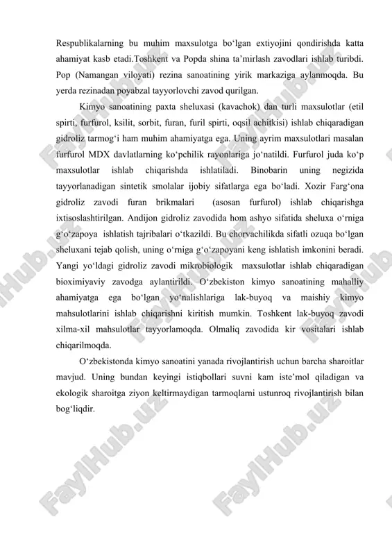 tlarini ishlab chiqarishni kiritish mumkin. toshkent lak-buyoq zavodi xilma-xil mahsulotlar tayyorlamoqda. olmaliq zavodida kir vositalari ishlab chiqarilmoqda. o‘zbekistonda kimyo sanoatini yanada rivojlantirish uchun barcha sharoitlar mavjud. uning bundan keyingi istiqbollari suvni kam iste’mol qiladigan va ekologik sharoitga ziyon keltirmaydigan tarmoqlarni ustunroq rivojlantirish bilan bog‘liqdir.