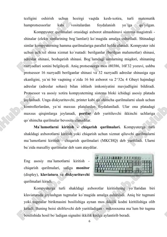 ida hosil bo`ladigan signalni ikkilik kodga aylantirib beradi. monitor kompyuterning ish jarayonida vujudga keladigan axborotlarning zarur qismini ekranda yoritib berishni ta`minlaydi. monitor matn yoki grafik rejimda ishlaydi. matn rejimida ekran belgi o`rinlari deb yuritiluvchi alohida qismlarga bo`linadi. grafik rejimda ekran piksel deb ataluvchi nuqtalar to`plamidan tashkil topadi. ikkala rejimda ham belgi yoki pikselning ranglari, fonning rangi, ravshanligi va boshqa parametrlar xaqidagi ma`lumotlar videoxotirada saqlanadi. monitordagi piksellarning umumiy miqdori monitorning imkon darajasi, deb ataladi. hozirgi davrda keng tarqalgan monitorlarni tavsiflovchi jadvalni keltiramiz. bu erda belgi o`rinlarining miqdori ekrandagi satr va ustunlardagi belgi o`rinlarning miqdorlari ko`paytmasi hamda piksellar soni gorizontal va vertikal bo`yicha piksellar sonining ko`paytmasi shaklida berilgan monitor nomi matn rejimi grafik rejimi ranglar miqdori belgi o`rinlar miqdori ranglar miqdori piksellar miqdori cga 16 80x25 2 640x200 4 620x200 ega 16 80x25 16 640x350 16 80x43 vga 16 80x25 16 640x480 16 80x50 svga 16 80x50 256 640x480 16 800x600 diskyurituvchi …