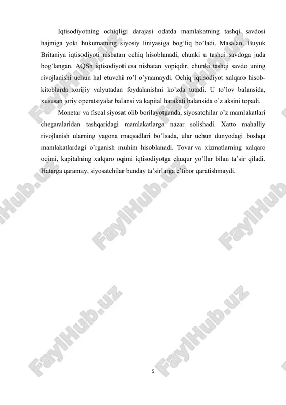 stavkasiga amalda ta’sir ko’rsata olmaydi. kichik ochiq iqtisodiyot jamg’armalari va investitsiyalari-jahon jamg’armalari va investitsiyalarining juda kichik miqdorini tashkil etganligi sababli jahon moliyaviy bozorlaridagi shart-sharoitlarga ko’ra belgilangan jahon foiz stavkasi bu iqtisodiyotda belgilab berilgan (ekzogen) ko’rsatkich sifatida qabul qilinadi. katta ochiq iqtisodiyot- ko’lami yirikligi sababli foiz stavkasi mamlakatning ichida ro’y berayotgan jarayonlarning jiddiy ta’sirida shakllanadigan iqtisodiyotdir. katta ochiq iqtisodiyot- jahon jamg’armalari va investitsiyalarining katta qismiga egalik qilayotan yirik mamlakat (aqsh, xxr, germaniya, yaponiya, rossiya va boshq.) iqtisodiyotidir. bunday mamlakatlar jahon moliya stavkasiga ta’sir ko’rsata oladi. ochiq iqtisodiyotning asosiy ko’rsatkichlari quyidagilardir: a) yaimdagi tashqi savdo kvotasi; b) ishlab chiqarish hajmidagi eksport ulushi; g) iste’mol tarkibidagi importning ulushi; d) investitsiyalar hajmidani xorijiy investitsiyalarning ulushi. iqtisodiyotning ochiqligi darajasi odatda mamlakatning tashqi savdosi hajmiga yoki hukumatning siyosiy liniyasiga bog’liq bo’ladi. masalan, buyuk britaniya iqtisodiyoti nisbatan ochiq hisoblanadi, chunki u tashqi savdoga juda bog’langan. aqsh iqtisodiyoti esa nisbatan yopiqdir, chunki tashqi savdo uning rivojlanishi uchun hal …