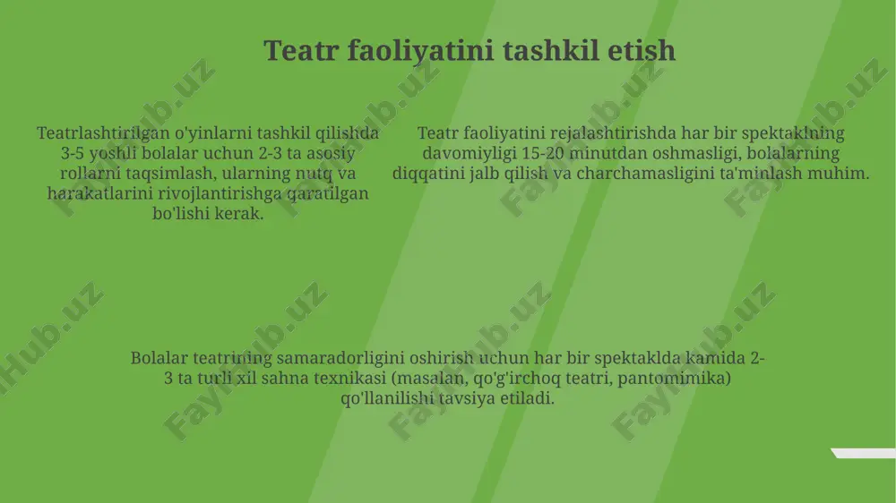 arini va tajribalarini 2-3 marta aniqroq ifoda etishni o'rganadilar. kognitiv rivojlanish rollarda o'ynash orqali bolalar 5 dan ortiq xarakterni farqlashni va ularning xatti-harakatlarini tahlil qilishni o'rganadilar, bu esa ijtimoiy-kognitiv rivojlanishga ijobiy ta'sir ko'rsatadi. sahnalashtirilgan spektakllar vositasida bolalar obrazli fikrlashni, 10 dan ortiq elementni birlashtirishni va voqealar ketma-ketligini tushunishni o'rganadilar, bu esa ularning xotirasi va e'tiborini rivojlantiradi. sahnalashtirilgan spektakllar vositasida bolalar obrazli fikrlashni, 10 dan ortiq elementni birlashtirishni va voqealar ketma-ketligini tushunishni o'rganadilar, bu esa ularning xotirasi va e'tiborini rivojlantiradi. badiiy didni shakllantirish badiiy didni shakllantirish 5-7 ёшли болаларда тасвирий санъат, мусиқа ва адабиётга бўлган қизиқишларини ривожлантириш, эстетик тарбиянинг асосий омили ҳисобланади. театрлашган ўйинлар орқали 20 дан ортиқ турли образларни яратиш, болаларнинг эмоционал-иродавий сифатларини, нутқини ва ижодий қобилиятларини ривожлантиришга ёрдам беради. болаларнинг мимикрия ва пантомимика кўникмаларини шакллантиришда театрлашган ўйинларнинг роли беқиёс бўлиб, уларнинг 30% га яқини болаларнинг ижтимоийлашувига ёрдам беради. ota-onalar bilan hamkorlik ota-onalarning 70% dan ortig‘i teatrlashtirilgan faoliyatda qatnashish istagini …