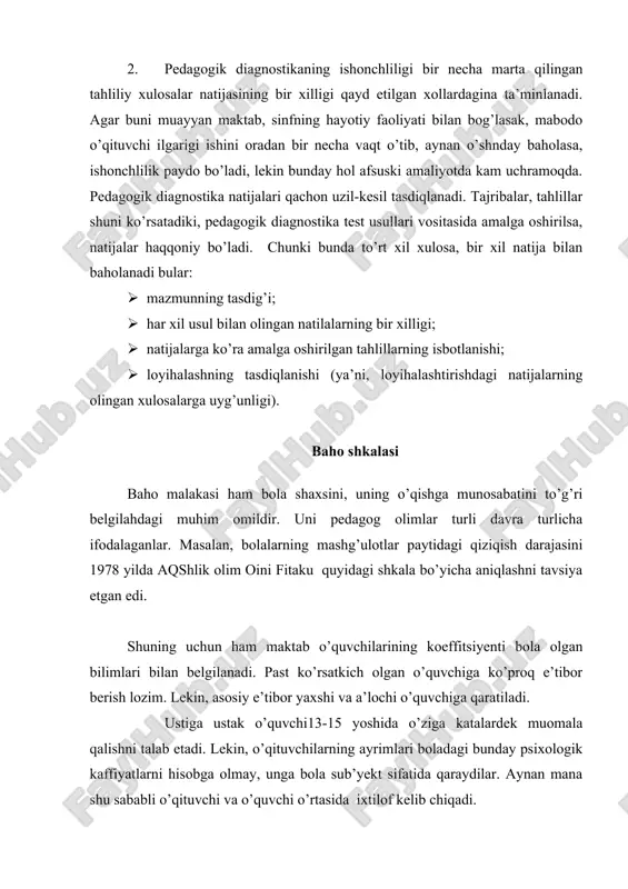 yon mavjud. agar diagnostikaning kuzatish usulida bolaning axloqiy-ma’naviy tamoyillari, qiziqishi, munosabati, fikrlash doirasi o’rganilgan bo’lsa, suhbat. savol-javob ko’proq axborot to’plash imkoniyatini beradi. bunda u yoki bu shaxs to’g’risida ob’yektiv yoki sub’yektiv ma’lumot olish imkoniyati mavjud. axborot – og’zaki, yozma, standartlashtirilgan, yakka, guruhlarga bo’lingan hoilda bir yoki bir necha bor so’rash asosida to’planadi. pedagogik diagnostikaning test metodi odatda tekshiruvchi tomonidan amalga oshirilgan barcha nazorat shakl va uslublari ham testga kiradi. nazoratning test uslubi ilmiy asoslarga qurilgan bo’lib, u ma’lum talab, qonun-qoidalar zaminida olib boriladi. test asosan psixolog olimlar tomonidan ishlab chiqilgan va amaliyotga tavsiya etilgandir. test pedagogik diagnostika metodlari orasida eng qulay hisoblanib, u bir jihatdan sifatli ma’lumot berishi bilan ajralib turadi. test sinova mutzam takomillashib boradi. unga turlibosqichlarda turlicha ta’rif berib kelingan. masalan, nemis oilimi liner “test shaxsning turli xolatlarini, shaxsiy xususiyat, imkoniya va qobiliyatini aniqlovchi ilmiy metoddir” deb ta’riflaydi. test usuli chinakamiga pedagogik diagnostika metodi bo’lib, u o’quv jarayonining …