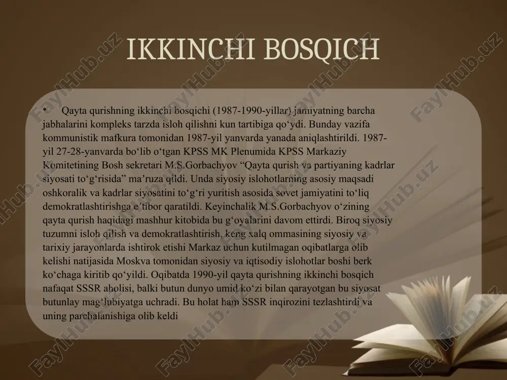 dan ochiq gaplashadi. bu insonlarning shu vaqtga qadar hech kim eshitmagan ohu nolalarini tinglab, o‘zining yurakdan chiqqan samimiy va haqqoniy so‘zlari bilan bamisoli ularning qalbidagi yaralariga malham qo‘ygandek bo‘ladi. islom karimov – o‘zbekistonning birinchi prezidenti. mustaqillik deklaratsiyasi va uning tarixiy ahamiyati. 80-yillarning oxirlarida o‘zbekistonda tinch hayotni taʼminlagan holda davlatni boshqara oladigan, millat ravnaqi yo‘li asoslarini boshlab bera oladigan rahbar respublika uchun zarur edi. 1989-yil 24-iyunda i.а.karimov o‘zbekiston rahbari etib saylandi. u o‘zbekiston rahbari etib saylangan kundan boshlab o‘zbek stonda xalqning mustaqillikka erishishidan iborat azaliy orzusini amalga oshirishga qatʼiy kirishdi. mustaqillik deklaratsiyasi o‘zbekistonning mustaqillika erishishida qo‘yilgan navbatdagi muhim qadam 1990-yil 20-iyunda o‘zbekiston respublikasi oliy sovetining ikkinchi 42 sessiyasida qo‘yildi. sessiyada o‘zbekistonning “mustaqillik deklaratsiya”si qabul qilindi va uning kirish qismida quyidagicha yozib qo‘yildi: “o‘zbekiston sovet sotsialistik respublikasi oliy kengashi o‘zbek xalqining davlat qurilishidagi tarixiy tajribasi va tarkib topgan boy anʼanalari, har bir millatning taqdirini o‘zi belgilash huquqini taʼminlashdan iborat oliy maqsad haqida, …