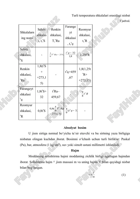 tta yo‘lning o‘zidan o‘tadigan ikkita jarayonni tasavvur etishi mumkin: holat 1 dan holat 2 ga va aksincha holat 2 dan holat 1 ga; bunday jarayonlar to‘g‘ri va teskari yo‘nalishdagi jarayonlar deb aytiladi. to‘g‘ri va teskari yo‘nalishdagi jarayon natijasida termodinamikaviy tizim dastlabki holatiga qaytadigan jarayonlar qaytar jarayonlar deb aytiladi. to‘g‘ri va teskari yo‘nalishlarda o‘tkazilganda tizim dastlabki holatiga qaytmaydigan jarayonlar qaytmas jarayonlar deb aytiladi. tajribadan ma’lumki, o‘z-o‘zidan sodir bo‘ladigan barcha tabiiy jarayonlar qaytmas bo‘ladi; tabiatda qaytar jarayonlar bo‘lmaydi. tizimda o‘z-o‘zidan sodir bo‘ladigan har qanday jarayon va binobarin, qaytmas jarayon tizimda muvozanat qaror topmaguncha davom etadi. tajriba shuni ko‘rsatadiki, muvozanatga erishgan tizim keyinchalik shunday holatda qolaveradi, ya’ni holatini o‘zicha o‘zgartira olmaydi. yuqorida aytib o‘tilganlar asosida quyidagi natijaga kelish qiyin emas: tizim faqat muvozanat holatiga kelmaganiga qadargina ish bajara oladi. 4. ideal gaz. ideal gaz qonunlari xvii – xix asrlarda atmosfera bosimiga yaqin bosimlarda gazlar o‘zini qanday tutishini tekshirgan tadqiqotchilar emperik yo‘l bilan bir …