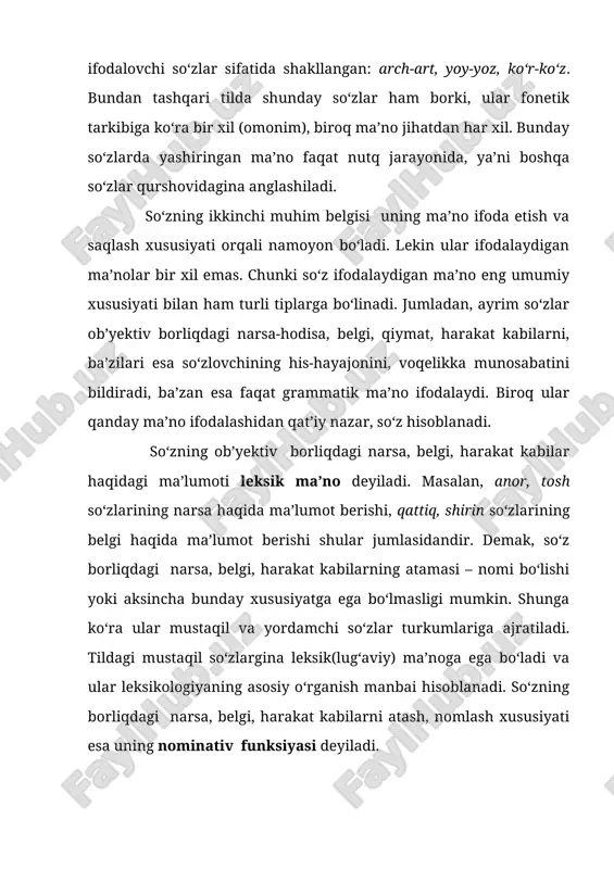 chishda narsalar (otlar) o‘rtasidagi quyidagicha uzviy aloqadorliklar asos bo‘lishi mumkin: 1) narsa yasalgan materialning umumiy aloqadorligi asosida uning nomi boshqa narsaga ko‘chadi: moyi tugab piligi so‘xta bo‘lgan chiroq bir lip etib so‘ndi (s.ahmad). sochini mayda o‘rib uchiga pilik taqqan edi (s.ahmad); 2) narsalarning o‘ziga xos harakat-holati, xususiyati jihatdan umumiy aloqadorligi asosida uning nomi boshqa narsaga ko‘chadi: beshik-maktab ta’lim va tarbiya beshigidir, qaldirg‘och-litseyimiz qaldirg‘ochlari; 3) o‘rinning unda joylashgan narsa bilan doimiy aloqadorligi asosida uning nomi boshqa narsaga ko‘chadi: kosa, qoshiq, tovoq-ovqat, zal-zal kulib yubordi, sinf-sinf oyoqqa qalqdi ma’nolarida ishlatiladi; 4) harakat-hodisaning nomi shu harakat-hodisaning bajarilgan vaqtiga ko‘chiriladi: machitdan shom azoni eshitildi…(sh.toshmatov). azonga yaqin bir iloj qilib qochibdi (p.tursun); 5) narsaning nomi shu narsaga xos bo‘lgan belgi aloqadorligi asosida ko‘chadi: tulki-ayyor, mug‘ombir odam, iflos-betayin, jirkanch kishi; 6) harakat, o‘yin obyekti shu o‘yinning nomi sifatida ko‘chadi: uloq-uloq chopmoq va boshqalar. sifat va fe’l turkumiga mansub so‘zlar doirasida ham metonimiya hodisasi mavjud bo‘lib, ularda …