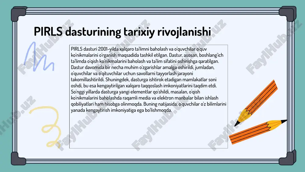 adi. bu, o'qituvchilarga yangi metodlarni qo'llash imkoniyatini beradi va ta'lim jarayonini yanada samarali qiladi. umuman olganda, ta'lim tizimidagi o'zgarishlar, o'quvchilarning bilim darajasini oshirishga xizmat qiladi. adabiyotlar roʻyxati pirls (progress in international reading literacy study) dasturi xalqaro miqyosda o'quvchilarning o'qish savodxonligini baholashga qaratilgan. ushbu dastur 2001 yildan beri har to'rt yilda o'tkazilib kelinmoqda va 50 dan ortiq mamlakatni qamrab oladi. - o'qish savodxonligini oshirish uchun dasturiy yondashuvlar muhimdir. - o'qituvchilarning malakasini oshirish natijalarga ijobiy ta'sir ko'rsatadi. - oila va jamiyatning ta'limga bo'lgan munosabati o'quvchilarning muvaffaqiyatida muhim rol o'ynaydi. - o'qish jarayonida texnologiyalardan foydalanish samaradorlikni oshiradi. pirls dasturida qatnashgan mamlakatlar o'rtasida turli sharoitlar va muammolar mavjud. ba'zi mamlakatlarda ta'lim tizimida resurslar yetishmaydi, boshqalarida esa o'qituvchilarni tayyorlash va qo'llab-quvvatlash masalalari mavjud. pirls dasturining natijalari: ta'lim tizimlariga ta'siri pirls dasturi, 4-sinf o'quvchilarining o'qish ko'nikmalarini baholash maqsadida o'tkazilgan xalqaro tadqiqotdir. ushbu dastur natijalari, o'zbekiston ta'lim tizimining o'qitish metodlari va o'quv dasturlaridagi o'zgarishlarni ko'rsatmoqda. o'quvchilarning o'qish …