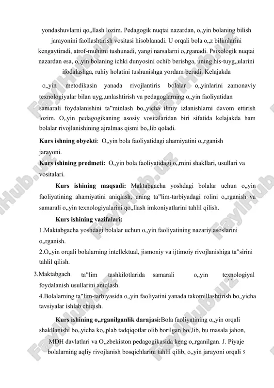 il rivojlanishida o„yin muhim ekanligini, ijtimoiy o„zaro ta‟sir natijasida bolaning bilimi ortishini ta‟kidlagan. a.n. leontev esa o„yin faoliyatining motivatsion va psixologik jihatlarini ochib bergan. mdh davlatlarida ham pedagog-olimlar tomonidan bola rivojlanishida o„yin muhim omil ekanligi isbotlangan, masalan, d.b. elkonin bolalarning rolli o„yinlari orqali ijtimoiy xatti-harakatlari shakllanishini o„rganib chiqqan. o„zbekistonda esa a. avloniy, mahmudho„ja behbudiy singari mutafakkirlar tarbiya jarayonida o„yinlardan foydalanish bo„yicha fikr bildirganlar. keyinchalik n. to„rayev, sh. turdiyev, u. yusupov kabi olimlar maktabgacha ta‟lim tizimida o„yin texnologiyalarini qo„llash bo„yicha tadqiqotlar olib borgan. zamonaviy pedagogik tadqiqotlarda bolaning nutqiy va tafakkur rivojlanishida o„yin texnologiyalaridan foydalanish yo„nalishlari tahlil qilinmoqda, shuningdek, interaktiv va innovatsion o„yin usullarining ta‟lim-tarbiyadagi o„rni o„rganilmoqda. kurs ishining ilmiy yangiligi: maktabgacha yoshdagi bolalar uchun o„yin faoliyatining ahamiyati an‟anaviy pedagogik nuqtayi nazardan uzoq vaqtdan beri o„rganib kelinmoqda, biroq zamonaviy ta‟lim tizimi va psixologik yondashuvlar asosida ushbu jarayonni chuqur tadqiq etish bugungi kunda dolzarb masalalardan biri hisoblanadi. ilmiy yangilik shundaki, ushbu tadqiqotda o„yin …
