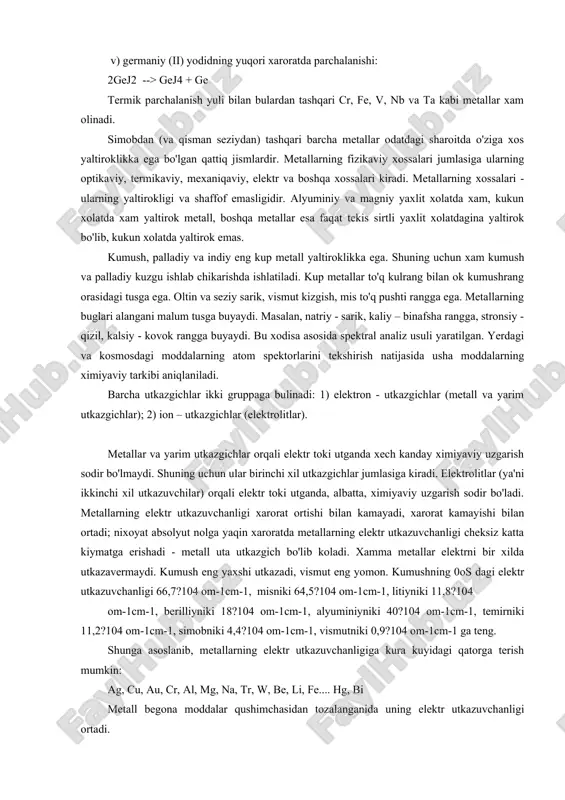 atdagi sharoitda o'ziga xos yaltiroklikka ega bo'lgan qattiq jismlardir. metallarning fizikaviy xossalari jumlasiga ularning optikaviy, termikaviy, mexaniqaviy, elektr va boshqa xossalari kiradi. metallarning xossalari - ularning yaltirokligi va shaffof emasligidir. alyuminiy va magniy yaxlit xolatda xam, kukun xolatda xam yaltirok metall, boshqa metallar esa faqat tekis sirtli yaxlit xolatdagina yaltirok bo'lib, kukun xolatda yaltirok emas. kumush, palladiy va indiy eng kup metall yaltiroklikka ega. shuning uchun xam kumush va palladiy kuzgu ishlab chikarishda ishlatiladi. kup metallar to'q kulrang bilan ok kumushrang orasidagi tusga ega. oltin va seziy sarik, vismut kizgish, mis to'q pushti rangga ega. metallarning buglari alangani malum tusga buyaydi. masalan, natriy - sarik, kaliy – binafsha rangga, stronsiy - qizil, kalsiy - kovok rangga buyaydi. bu xodisa asosida spektral analiz usuli yaratilgan. yerdagi va kosmosdagi moddalarning atom spektorlarini tekshirish natijasida usha moddalarning ximiyaviy tarkibi aniqlaniladi. barcha utkazgichlar ikki gruppaga bulinadi: 1) elektron - utkazgichlar (metall va yarim utkazgichlar); …