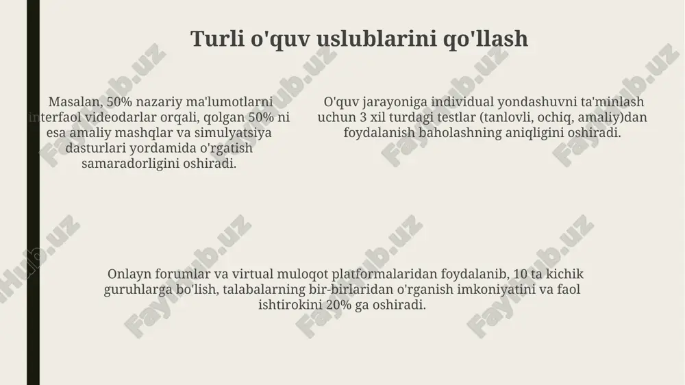 alarning 75%ga yaqini mustaqil o'rganish usullarini qo'llashini hisobga olib, o'z-o'zini baholash va o'rganishni rag'batlantiruvchi strategiyani ishlab chiqishi zarur. o'qituvchilar, samarali masofaviy o'qitishni ta'minlash uchun, kamida 5 xil onlayn platformalar va vositalar, jumladan, video konferentsiya dasturlari va lms tizimlaridan foydalanishni bilishi kerak. o'qituvchilar, samarali masofaviy o'qitishni ta'minlash uchun, kamida 5 xil onlayn platformalar va vositalar, jumladan, video konferentsiya dasturlari va lms tizimlaridan foydalanishni bilishi kerak. tibbiyotda gibrid o'qitish modellari tibbiyotda gibrid o'qitishning 70%i amaliy mashg'ulotlar va simulyatsiyalarni, 30%i esa onlayn ma'ruza va mustaqil o'rganishni o'z ichiga oladi, bu samaradorlikni oshiradi. gibrid o'qitishda 5 ta asosiy bosqich (kirish, tushuncha, amaliyot, baholash, takrorlash) qo'llanilib, har bir bosqich uchun onlayn va oflayn faoliyatlar muvozanati ta'minlanadi. gibrid model talabalarga 24/7 onlayn resurslarga kirish imkoniyatini berib, shaxsiylashtirilgan o'rganish tezligini ta'minlaydi va shu bilan birga yuzma-yuz muloqot va amaliy ko'nikmalarni rivojlantirishni qo'llab-quvvatlaydi. masofaviy o'qitishda muammolar va ularning yechimlari masofaviy tibbiyot ta'limida internetga kirishning cheklanganligi (30% talabalarda) katta …