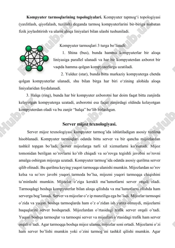 i tarmoqqa ulangan bo’lsa, u yuqori tarmoq uchun quyi tarmoq hisoblanadi. agar yuqori tarmoq bo’lmasa alohida tarmoq hisoblanadi. agar yuqori tarmoqqa yangi tarmoq ulansa, u kengayadi. qancha ko’p yuqori tarmoq qo’shilsa, u shuncha kengayib boradi. agar quyi tarmoqqa yangi tarmoq ulansa, u kegayadi. qancha ko’p quyi tarqmoq qo’shilsa, u shuncha kengayib boradi. internet tarixi – internet yaratilishiga dastlabki tashkil qilingan aqsh ning arpanet kompyuter tarmog’i turtki bo’lgan. arpanet qisqartmasi advadced research projects agency so’zlaridan tashkil topgan. arpanet kaliforniya va yuta shtatlaridagi 4 tagina kompyuterni o’zaro bog’lagan. internet biror tashkilotga bo’ysunmaydi, lekin ilmiy va ta’lim muassalari, tijorat strukturalari va millionlab xususiy shaxslar tomonidan moliyalashtiriladi. internet tushunchasi 1994-yildan boshlab internetdagi web texnologiyalari muvoffaqiyatli sinovlardan o’tib ko’pchilikning e’tiboriga tushgandan keng keng ishlatila boshlandi. birinchi brauzer dasturi 1990-yilda cern(yevropa yadroviy tadqiqotlar kengashi) xodimi tim berners-li tomonidan ishlab chiqilgan. hozirgi kunda eng ko’p foydalanuvchilarga ega bo’lgan brauzer aqsh ning google brendi ostiga tegishli bo’lgan google …
