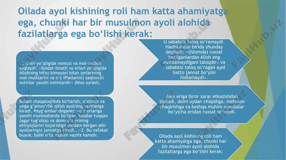 zarur» otalik tuyg’usi - inson qalbidagi iymonlilikning namoyon bo‘lishidir. farzand ko‘rish oson, lekin unga xaqiqiy ota, ma’naviy rahnamo bo‘lish hammaning qo‘lidan kelavermaydi. . otalik tuyg’usi - inson qalbidagi iymonlilikning namoyon bo‘lishidir. farzand ko‘rish oson, lekin unga xaqiqiy ota, ma’naviy rahnamo bo‘lish hammaning qo‘lidan kelavermaydi. farzandni dunyoga keltirish otalik, erkaklik burchining faqat bir tomonidir. uning eng asosiy vazifasi esa farzandini yaxshi tarbiyalab, jamiyatda o‘zining munosib o‘rnini egallashini ta’minlashdir. farzandlarga otaning pand-nasihatlari emas, balki qilgan ishlari, yurish - turishlari ham ibratlidir... otalik mehri inson qoniga, tomiriga, hujayrasiga singib ketgan ma’naviy qadriyatdir. shariat xukmlarida: er o‘z xotini uchun alohida bir uyni ajratib berishi xotinini o‘rtacha taom bilan ta’minlashi xotinga mehrini chin ko‘ngildan berishi farzandlarini kerakli darajada tarbiya qilishi er o‘z xotinini avaylab, to‘g’rilik va zulm o‘tkazmay tarbiyalashi xotini, qizlariga xar doimo e’tibor, yordam berishi uy-ruzg’or ishlarida xotini bilan maslahatlashishi xotinning qarindoshlariga yaqindan yordam va hurmat ko‘rsatish - kimki, ota — onasini ma’mnun etgan …