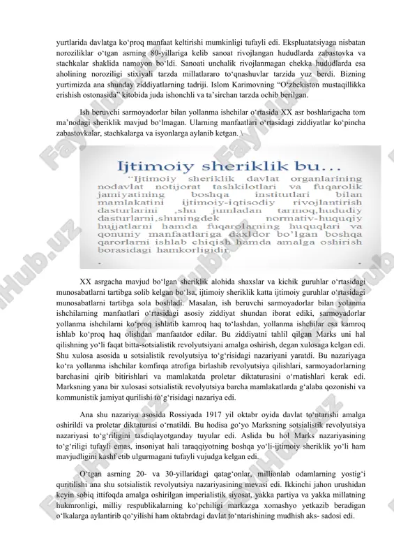 lekin bu holat ham isyonlarga barham bera olmadi. isyon va qo‘zg‘olonlar davom etaverdi. ana shunday isyonlarning yuqori cho‘qqilaridan biri oktabr to‘ntarishi bo‘ldi. bu to‘ntarish dohiylari ekspluatatsiya yo‘q qilingan yangi sotsialistik tuzum qurilgani to‘g‘risida bong urishsa ham aslida ekspluatatsiya tugatilmadi. kapitalizm davrida ishchilarni ekspluatatsiya qilish natijasida vujudga kelgan qo‘shimcha qiymatni kapitalistlar o‘zlashtirgan bo‘lsa, endi ishchilar mehnati tufayli yaratilgan qo‘shimcha qiymatni markaz, davlat va uning amaldorlari o‘zlashtira boshladi. sotsialistik tuzum, deb atalgan tuzum aslida kapitalistik munosabatlarning yangi shakli-davlat kapitalizmi bo‘lib chiqdi. bu tuzum davrida ishchilarni ekspluatatsiya qilishdan tashqari, chekka o‘lkalarni xomashyo bazasiga aylantirildi va shu shaklda milliy ekspluatatsiya ham davom etaverdi. ekspluatatsiyaga qarshi noroziliklarni bostirish uchun kuchli repressiya apparati tashkil etildi. buning oqibatida nafaqat alohida shaxslar, balki butun xalqlar qatag‘onga uchradi. bir qator xalqlarning o‘z vatanlaridan deportatsiya qilinishi bunga misol bo‘ladi. lekin bu deportatsiya qilinmagan xalqlar emin-erkin yashaganini anglatmaydi. ularning deportatsiya qilinmagani davlatning ularga nisbatan bag‘rikengligi va yon bosishi emas, ularning o‘z …