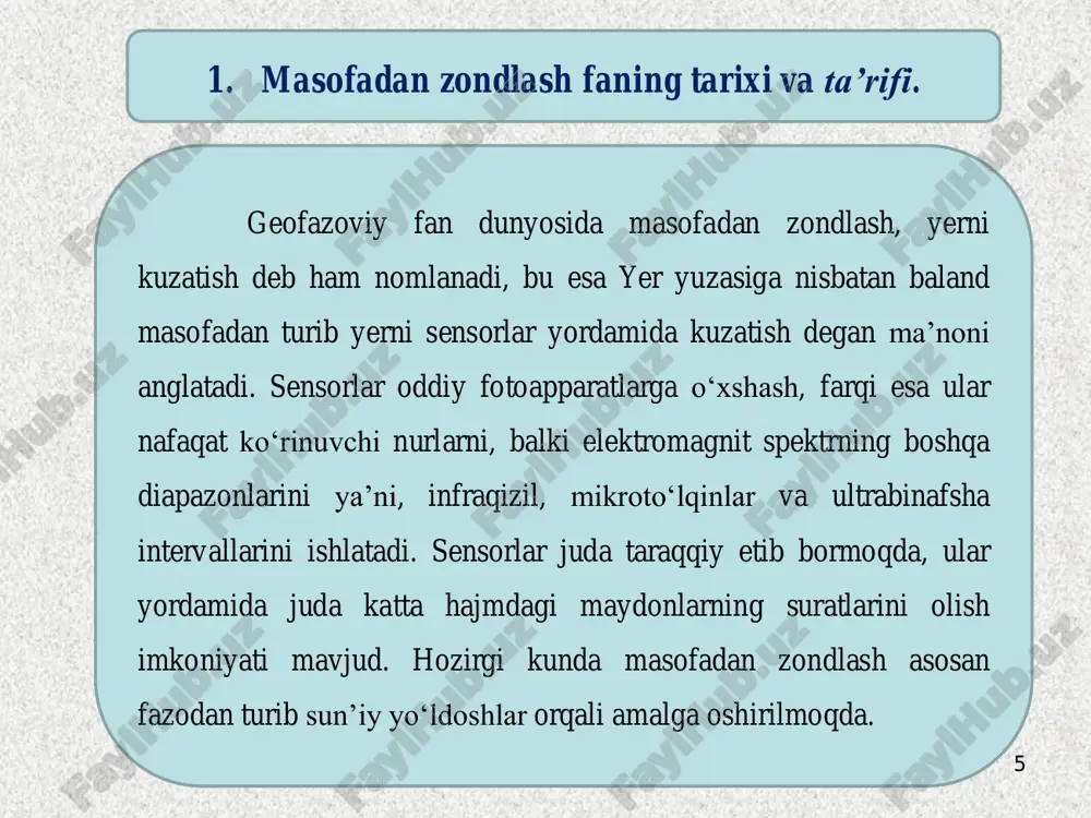 olingan ma’lumotlarni ko‘rinuvchi va raqamli qayta ishlash orqali tahlil qilish. hindiston masofadan zondlash milliy agentligi quyidagicha ta’rif bergan: masofadan zondlash – yer yuzasidagi obyektlar bilan fizik aloqa qilmasdan turib ular haqida ma’lumot olish texnikasidir. 14 masofadan zondalash fanining maqsadi asosan sensorlar yordamida masofadan turib obyekt yoki geografik maydondan ajralib chiqayotgan elektromagnit energiya miqdorini o‘lchash hamda olingan axborotlardan matematik va statistik algoritmlar asosida kerakli ma’lumotlarni ajratib olishni sohaga yo’naltirish. u kartografik fanlarning boshqa turdagi fazoviy ma’lumot yig‘ish texnikasi yoki vositasi bo‘lgan kartografiya va geoaxborot tizimlari bilan mos ravishda faoliyat yuritadi. ilmiy bilim va real hayotiy amaliyot tajribasini birgalikda ishlatishi natijasida tadqiqotchi suratlardan kerakli ma’lumotlarni ajratib olishda o‘z bilim va tajribasidan kelib chiqib yangi narsalarni o‘rganish hamda kashf etish mahoratini rivojlantiradi. 3. masofadan zondlash faning maqsadi va vazifalari. 15 16 1. davlat geodeziya tarmog‘ini yaratish, rivojlantirish va soz holda tutish; 2. davlat ahamiyatidagi va maxsus ahamiyatdagi topografik karta hamda planlar yaratilishini, yangilab …