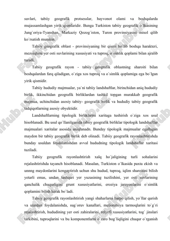 , sug`oruv kanallari, melioratsiya tarmoqlarini to`g`ri rejalashtirish, hududining yer osti zahiralarini, relyefi xususiyatlarini, tog` jinslari tarkibini, tuproqlarini va bu komponentlarni o`zaro bog`liqligini chuqur o`rganish lozimdir. xulosa qilib tabiiy geografik rayonlashtirishning ahamiyati qanchalik katta ekanligiga l.s.bergning fikrini keltirib o`tish joiz: «tabiiy rayonlarga bo`lmasdan o`rganilgan mamlakatni tabiiy geografiyasi chinakam geografik asar emasdir». foydalanilgan adabiyotlar: 1. yermakov y.g. i dr. fizicheskaya geografiya materikov i okeanov. m: vqsshaya shkola, 1988. 2. ryabchikov a.m. fizicheskaya geografiya materikov i okeanov. m: vqsshaya shkola, 1988. 3. fizicheskaya geografiya mirovogo okeana. m: izdatelpstvo moskovskogo universiteta, 1988. 4. ryabchikov a.m. dunyo qitoalari tabiiy geografiyasi, toshkent, 1968. 5. vlasova t.m. fizicheskaya geografiya materikov i okeanov. tom i-ii, m: prosveo‘yeniye, 1976. 6. vlasova t.m. materiklar va okeanlar tabiiy geografiyasi. i-ii tom.toshkent, 1985. 7. leontpev o.k. fizicheskaya geografiya mirovogo okeana. m: 1982. ensiklopeditseskiy slovarp geograficheskix terminov. m.1968. http://ziyonet.uz