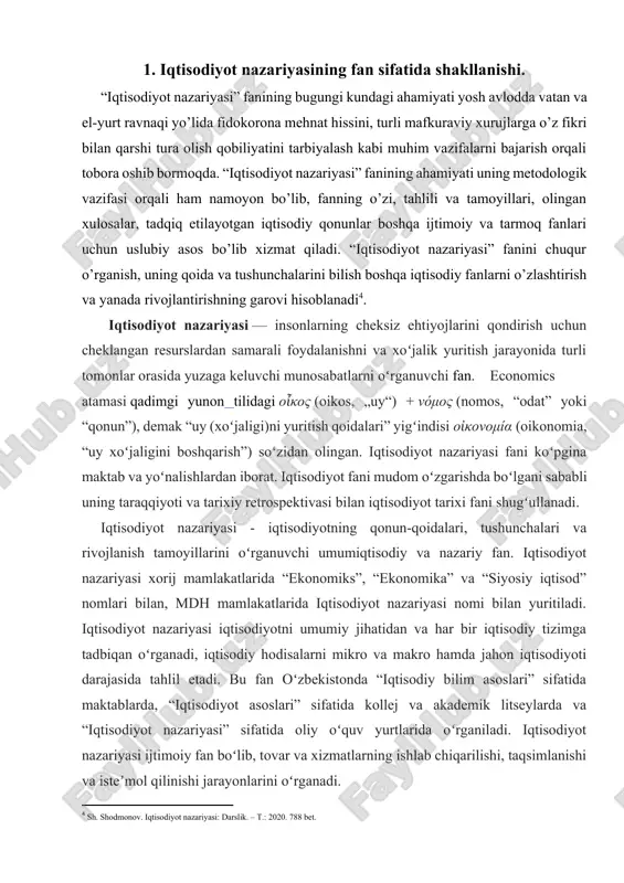 batlarni oʻrganuvchi fan. economics atamasi qadimgi yunon tilidagi οἶκος (oikos, „uy“) + νόμος (nomos, “odat” yoki “qonun”), demak “uy (xoʻjaligi)ni yuritish qoidalari” yigʻindisi οἰκονομία (oikonomia, “uy xoʻjaligini boshqarish”) soʻzidan olingan. iqtisodiyot nazariyasi fani koʻpgina maktab va yoʻnalishlardan iborat. iqtisodiyot fani mudom oʻzgarishda boʻlgani sababli uning taraqqiyoti va tarixiy retrospektivasi bilan iqtisodiyot tarixi fani shugʻullanadi. iqtisodiyot nazariyasi - iqtisodiyotning qonun-qoidalari, tushunchalari va rivojlanish tamoyillarini oʻrganuvchi umumiqtisodiy va nazariy fan. iqtisodiyot nazariyasi xorij mamlakatlarida “ekonomiks”, “ekonomika” va “siyosiy iqtisod” nomlari bilan, mdh mamlakatlarida iqtisodiyot nazariyasi nomi bilan yuritiladi. iqtisodiyot nazariyasi iqtisodiyotni umumiy jihatidan va har bir iqtisodiy tizimga tadbiqan oʻrganadi, iqtisodiy hodisalarni mikro va makro hamda jahon iqtisodiyoti darajasida tahlil etadi. bu fan oʻzbekistonda “iqtisodiy bilim asoslari” sifatida maktablarda, “iqtisodiyot asoslari” sifatida kollej va akademik litseylarda va “iqtisodiyot nazariyasi” sifatida oliy oʻquv yurtlarida oʻrganiladi. iqtisodiyot nazariyasi ijtimoiy fan boʻlib, tovar va xizmatlarning ishlab chiqarilishi, taqsimlanishi va isteʼmol qilinishi jarayonlarini oʻrganadi. zero yurtboshimiz …