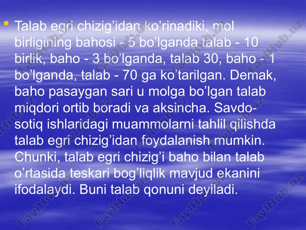rini ziddiyatli o’zgarishlarga olib kelishi mumkin. sotuvchi va xaridorning iqtisodiy ahvoli bozor konyunkturasiga, bozorning joriy holatiga bog’liq bo’ladi. ayrim tovarlar va ularning guruhlari bo’yicha hamda butun tovar hajmi bo’yicha talab va taklifning muayyan nisbatida bozor konyunkturasi o’z ifodasini topadi. u quyidagi omillar ta’siri ostida o’zgaradi: tovarlarni ishlab chiqarish ko’lami va ularning zahiralari, baholar dinamikasi, pul daromadlar, savdo va reklamani tashkil etish, talab va taklifning o’zaro nisbati. bunda ayrim mahsulot, ular guruhi va butun tovar massasi bo’yicha talab va taklif o’rtasidagi nisbat muhim rol o’ynaydi. chunki unga tovar egasining taqdiri bog’liq bo’ladi. ishlab chiqarish 18 bozor muvozanatining yuzaga kelishi va uni iqtisodiyotga ta’siri talab va taklif o’rtasidagi o’zaro nisbatlarning tipik ko’rinishi: a) tovarlarning taklifi talabdan yuqori; b) tovarlarga talab taklifdan yuqori; c) talab bilan taklif teng. ya’ni bunda bozorda taklif talab o’rtasida muvozanatga yyerishiladi. qanday qilib, bozor muvozanatiga yyerishish, umuman sotish muammosini yaxshiroq tadqiq etish va tushunish uchun talab va taklif …