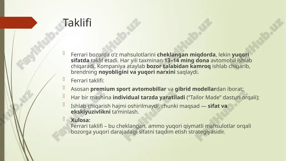 a foydani maksimallashtirish — bu korxonaning xarajatlarni kamaytirib, eng yuqori daromad olish strategiyasidir. ferrari kompaniyasi oligopolistik bozorda faoliyat yuritadi va foydasini oshirish uchun sifat, innovatsiya va premium narx siyosatiga tayanadi. u “kam ishlab chiq, lekin qimmat sot” tamoyiliga amal qiladi. ferrari har yili 14 mingga yaqin avtomobil ishlab chiqarib, 2024 yilda 5,97 milliard yevro daromad va 1,888 milliard yevro foydaga erishgan. xulosa: ferrari ko‘p ishlab chiqishdan ko‘ra, har bir mahsulotdan yuqori foyda olish orqali raqobat sharoitida yetakchiligini saqlab qolmoqda. tavakkalchilikni pasaytirish yo’llari tavakkalchilikni pasaytirish — bu korxona faoliyatida yuzaga kelishi mumkin bo‘lgan xavf va yo‘qotishlarni kamaytirish jarayonidir. maqsad – barqarorlikni ta’minlash va moliyaviy yo‘qotishlarning oldini olish. ferrari bu yo‘nalishda bir nechta usullardan foydalanadi: mahsulot diversifikatsiyasi – yangi modellar, gibrid va elektr avtomobillar ishlab chiqish. bozorlarni kengaytirish – yevropa, aqsh va osiyo bozorlarida bir vaqtning o‘zida faoliyat yuritish. sug‘urta tizimi – ishlab chiqarish va transportdagi moliyaviy xavflarni sug‘urta orqali kamaytirish. moliyaviy …