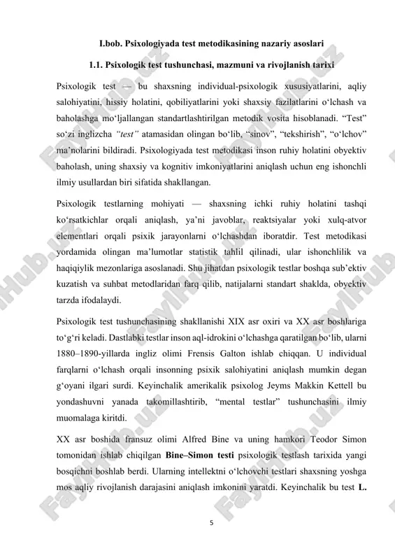 ar bilan chambarchas bog‘liq bo‘lib, onlayn testlash, adaptiv testlar, sun’iy intellekt yordamida diagnostika kabi yangi shakllar paydo bo‘lmoqda. shu bilan birga, zamonaviy testlar madaniyatlararo moslashtirish, axborot xavfsizligi, maxfiylik, test etikasi kabi masalalarni ham o‘z ichiga oladi. shunday qilib, psixologik test tushunchasining rivojlanish tarixi inson ruhiyatini obyektiv o‘rganish yo‘lidagi izlanishlar natijasidir. uning mazmuni vaqt o‘tishi bilan kengayib, hozirgi kunda shaxsni har tomonlama baholashning asosiy ilmiy vositalaridan biriga aylangan. ammo test metodikasining ilmiy mukammallashuvi bilan bir qatorda, u bilan bog‘liq dolzarb muammolar — metodik aniqlik, standartlashtirish, madaniy omillar va natijalarning talqini — hanuzgacha psixologik tadqiqotlarning muhim yo‘nalishlaridan biri bo‘lib qolmoqda. psixologik testlashning tarixiy rivoji davomida uning metodologik asoslari va mazmuni sezilarli darajada o‘zgarib bordi. dastlab testlar asosan intellektual qobiliyatlarni o‘lchashga qaratilgan bo‘lsa, keyinchalik shaxsning hissiy, ijtimoiy va xulqiy jihatlarini baholovchi turli yo‘nalishdagi testlar ishlab chiqila boshlandi. psixologiyada testlash nazariyasining shakllanishi xx asrning o‘rtalariga to‘g‘ri keladi. bu davrda psixometriya fani alohida yo‘nalish sifatida …