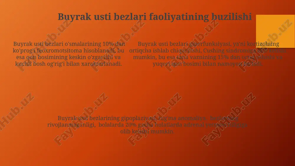 ari, masalan, timosin va timopotin kabi peptid gormonlarini ishlab chiqaradi, ular t-hujayralarining differentsiatsiyasi va faolligini tartibga soladi, bu immunitet javoblarida muhim ahamiyatga ega. timobez gormonlari, masalan, timosin va timopotin kabi peptid gormonlarini ishlab chiqaradi, ular t-hujayralarining differentsiatsiyasi va faolligini tartibga soladi, bu immunitet javoblarida muhim ahamiyatga ega. periferik endokrin organlarning umumiy tavsifi periferik endokrin organlarning disfunksiyasi bir qator klinik kasalliklarga, masalan, gipotiroidizmga, giperkortizizmga yoki jinsiy gormonlar yetishmovchiligiga olib kelishi mumkin, ularning davolash usullari individualdir. ushbu organlar, jumladan buyrak usti bezlari, qalqonsimon bez va jinsiy bezlar, steroid gormonlar, peptid gormonlar yoki amin kislotalaridan hosil bo'lgan gormonlarni sintez qiladi va qonga ajratadi. periferik endokrin organlar, gipotalamus-gipofiz o'qi tomonidan to'liq nazorat qilinmaydigan, taxminan 5 dan ortiq gormon ishlab chiqaradigan va tananing turli funksiyalarini tartibga soluvchi organlardir. buyrak usti bezlarining gormonlari kortizol – buyrak usti bezining qobiq qismida ishlab chiqariladigan asosiy glyukokortikoid bo'lib, u qondagi glyukoza miqdorini oshiradi va yallig'lanishga qarshi ta'sir ko'rsatadi, organizmning …