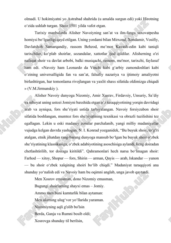 id “o‘lchovlar vazni” asari, tilshunoslikka oid “ikki til bahsi” asari, “ajam shohlari tarixi” tarixiy asarlari, “tarixi payg‘ambarlar va allomalar risolasi”, shuningdek, bir qator falsafa risolalarini yozgan. uning zamondoshlari va boshqalar. navoiy lirik shoir sifatida fors klassiklarining shogirdi edi. u g‘azalning shartli shakllarini o‘zgartirish yoki yo‘q qilishga urinmagan. aksincha, u bu sig‘imli lirik shakldagi bitmas-tuganmas she’riy salohiyatni o‘zining majburiy mavzulari – muhabbat (sevgilining g‘ayrioddiy go‘zalligini ulug‘lash, uning sovuqqonligidan nolasi, undan ayrilish iztiroblari) va, aytish mumkinki, “baxchik” (ichimlik shodligi, do‘stona suhbatni ulug‘lash, g‘alaba qozonish kosasi) bilan namoyon etgan. sharob soqichi) - va bir xil darajada majburiy shartli til bilan, tropiklarga juda boy. navoiyning lirik she'rlari tanishuvga qarshi bo'lib, shoir hayotidagi ma'lum voqealarga javob berishga zo'rg'a ishora qiladi. uning g‘azallari aslo voqea-hodisalarga boy emas. “fikrlar xazinasi” nomli keng qamrovli devon shoirning lirik e’tirofi sifatida namoyon bo‘lib, uning kechinmalarining boy to‘plamini nozik tarzda qamrab oladi, dante va petrarkadagidek ma’naviyatlangan, ammo yaqin sharq ilg‘or she’riyati …