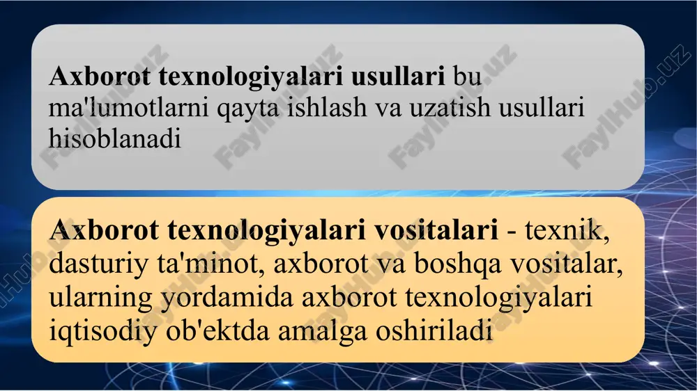 1024 zbayt = 1 208 925 819 614 629 174 706 176 bayt (280) 18 kesh - xotira kesh-xotira (cache – zaxira) – operativ xotira va protsessor o`rtasida joylashgan tezkor xotira. muammo – protsessorning takt tezligi operativ xotiraning takt tezligidan sezilarli darajada yuqori, shuning uchun protsessor ma'lumotlarini uzatilishini kutadi. kesh-xotira oxq oxq o`qish– avval kesh. agar kerakli katak allaqachon keshda bo'lsa, u keshdan olinadi (tezkor). sekin tez 18 19 simm, dimm sdram, ddr, ddr2, ddr3 operativ xotira oxq (озу) = operativ xotira qurilmasi ram = random access memory 128 mb dan yuqori doimiy xotira dxq (пзу) = doimiy xotira qurilmasi rom = read only memory (faqat o`qish uchun) 64 kb – mikrosxema bios (ushbu kompyuterning sozlamalari) 19 20 tokdan uzilganda axborot o`chirib yuboriladi axborot saqlanadi axborotni o`zgartirish mumkinmi? o`qish va yozish (ram) faqat o`qish (rom) axborot uzatish tezligi yuqori past operativ xotira doimiy xotira 20 21 optik disklarni o`qish va …