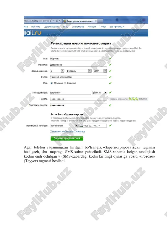 tidan odatda 20 mb gacha bo‘lgan hajmdagi fayl yuborish mumkin. biroq, bu o‘lchamni sozlash ham mumkin. buning uchun отправить файл > 20 mb degan havolani va uning yonidagi “настроить” havolasini bosiladi. xatga fayl qo‘shib yuborish uchun прикрепить файл (fayl biriktirish) tugmasi bossangiz, kerakli faylni ko‘rsatish oynasi ochiladi. bu erdan yubormoqchi bo‘lgan faylingizni ko‘rsatib, открыть (ochish) tugmasini bosasiz. faylning katta-kichikligi va internetga ulanish tezligiga qarab, fayl biriktirishga bir necha soniya yoki daqiqa ketadi. fayl biriktirilgach, uning yonida yashil belgi paydo bo‘ladi. endi xatni yuborish mumkin. xatni yuborish uchun отправить (yuborilsin) tugmasi bosiladi. agar xatni keyinroq yubormoqchi bo‘lsangiz, uni saqlab qo‘yish mumkin. buning uchun сохранить (saqlab qo‘yilsin) tugmasini bosasiz. yozayotgan xatni bekor qilish uchun отмена (inkor) tugmasi bosiladi. xat jo‘nab ketgach, ваше письмо отправлено! (xatingiz yuborildi!) yozuvi paydo bo‘ladi. 1. yuborilgan xatlar ro‘yxati отправленные (yuborilganlar) bo‘limida turadi. bu bo‘limga ham chap tomondagi menyudan kiriladi. черновики (xomaki nusxalar) bo‘limida saqlab qo‘yilgan xatlar ro‘yxati …