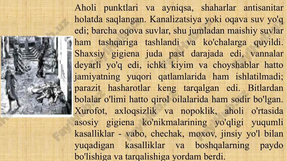 iy xabardor qilish to'g'risida bir qator farmonlar chiqarilgan. ("gubernator va hokimlarga buyruq", 1743). 1786 yilda dengiz shifokori a. bakheraxning harbiy gigienasi bo'yicha birinchi rus qo'llanmasi (1724 - 1806) paydo bo'ldi. bu qo'llanmada harbiy xizmatchilarning yashash sharoitlariga qo'yiladigan asosiy talablar shakllantirilgan: "... yaxshi tinchlik, yaxshi ovqat, toza va quruq havo, etarlicha kiyim, mutanosib harakat va tana quvvati uchun ishlash, tungi dam olish, mastlikdan qutulish. bunday tartib shoshilinch bo'lishi kerak. boshida tirishqoq va tinimsiz ". 1797 yilda shifokorlarga oziq -ovqat mahsulotlarining yaxshi sifati, kazarmalar holati va qo'shinlarning umumiy sanitariya holati bo'yicha tibbiy va politsiya nazorati ishonib topshirilgan. buyuk rus qo'mondoni a.v.suvorov armiyada gigienik masalalarga katta e'tibor bergan. "g'alaba ilmi" kitobida sanab o'tilgan 7 g'alaba shartidan uchtasi askarning sog'lig'i bilan bog'liq (tozalik, sog'lik, tartib). "sog'lom odamlarning sog'lig'iga rioya qilish uchun har kuni g'amxo'rlik qilish", - dedi u qo'l ostidagilarga. 1813 yilda tibbiyot doktori, tibbiyot xirurgiyasi i. enegolm tomonidan yozilgan "harbiy gigiena bo'yicha cho'ntak …