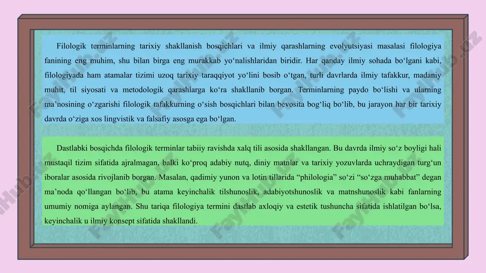 til asosida boyitish va unifikatsiyalash masalasi bugungi o‘zbek tilshunosligining eng dolzarb ilmiy yo‘nalishlaridan biri hisoblanadi. har qanday tilning ilmiy salohiyati, eng avvalo, uning terminologik tizimining boyligi, tizimliligi va izchilligi bilan belgilanadi. shu boisdan filologik terminlarni milliy til asosida shakllantirish va boyitish, ularni yagona me’yoriy tizimga keltirish, ya’ni unifikatsiyalash masalasi nafaqat lingvistik, balki madaniy va ijtimoiy ahamiyatga ham ega. xulosa o‘zbek tilshunosligida filologik terminlarning ilmiy tavsifi bo‘yicha olib borilgan izlanishlar natijasida tilshunoslik terminologiyasi nafaqat til tizimini o‘rganishning asosi, balki ilmiy tafakkurni shakllantiruvchi, ilmiy bilimlarni aniqlik bilan ifodalovchi vosita sifatida ham muhim o‘rin egallashi aniqlandi. filologik terminlarning mazmun-mohiyatini chuqur tahlil qilish shuni ko‘rsatadiki, har bir termin o‘zida ma’lum tarixiy tajriba, ilmiy maktablar ta’siri va zamonaviy til taraqqiyotining belgilari mujassamdir. foydalanilgan adabiyotlar ro'yxati abdullayeva n. zamonaviy o‘zbek tilshunosligi. – toshkent: fan, 2022. – 256 b. akbarova m. o‘zbek tilidagi sintaktik birikmalarni o‘qitish metodikasi. – toshkent: ta’lim, 2021. – 184 b. ismoilov t. o‘zbek …