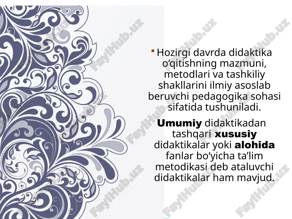 asi mavjud. ta’lim + tarbiya = rivojlantirish 26 27 didaktika pedagogika fanlari sirasiga kirgani uchun ham ta’lim sohasini tadqiq etishda pedagogik ilmiy – tekshirish metodlaridan foydalaniladi. 1. kuzatish . 2. ilg’or pedagogik tajribani o’rganish va umumlashtirish. 3. didaktik eksprement. 4. hujjat va arxiv materialllarini tekshirish. 5. suhbat va anketa. 28 29 30 maktab ta’limining mazmuni deganda, o’quvchilarning o’qish jarayonida barcha o’rganiladigan fanlardan egallab olishi lozim bo’lgan hamda tizimga solingan bilimlar, ko’nikmalar va dunyoqarashlarning aniq belgilangan doirasi tushuniladi. bu jarayon maktab o’quv rejasida ko’rsatilgan har bir o’quv dasturida asoslangan barcha o’rganiladigan fanlari asoslari asosida tarkib topadi. 31 ta’limning mazmuni bir qator ehtiyojlarni hisobga olish bilan belgilanadi: a) ijtimoiy ishlab chiqarishning eng zarur ehtiyojlari ijtimoiy tuzumning xususiyatlari, yo’nalishlari; b) davlatning xalq ta’limi va muayyan turdagi o’quv yurti oldiga qo’yadigan maqsad va vazifalari; c) o’qitish qoidalaridan kelib chiqadigan va o’quvchilarining imkoniyatlarini (yosh imkoniyatlari, rivojlinish darajasi, tarbiyalanganligi va boshqalar) e’tiborga oluvchi didaktik talablar. maktablarda …