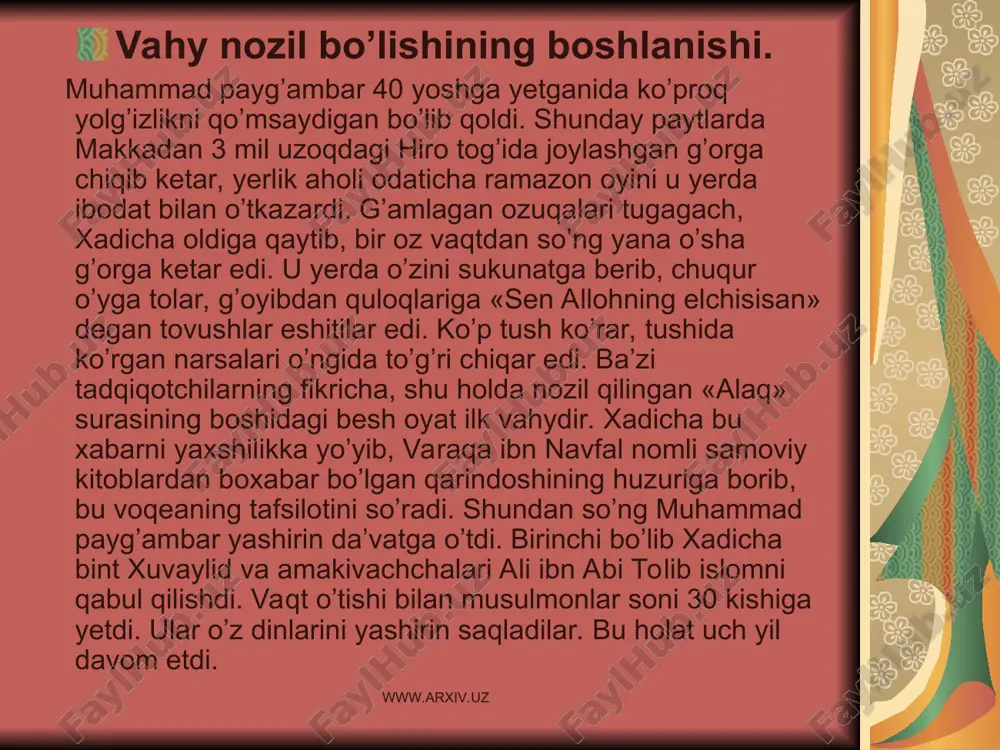 o’ng umma mavqei madina ahli orasida beqiyos o’sdi. shu davrdan boshlab muhammad payg’ambar yetakchiligidagi islom jamoasi kuchli bir davlatning vazifalarini bajara boshladi. madina ichidagi payg’ambar muxoliflari munofiqun nomini oldi. barcha arab qabilalari mushrik deb e’lon qilindi. ular yoki islom dinini qabul qilishlari yoki ochiq maydonga jangga chiqishlari shart edi. bu jamoa-davlat qisqa va uzoq muddatli sulh shartnomalarini tuzish orqali turli arab qabilalari va qabilalar ittifoqlarini o’z hukmiga bo’ysindira boshladi. bo’ysingan qabilalar har yili jonivorlari hisobidan madina davlatiga umma-davlat xarajatlari uchun sadaqa (mol to’lovi) bermoqlari lozim edi. sadaqa bermaganlarga qarshi harbiy yurishlar tashkil etilardi. o’ljadan to’lovga o’tish (makkaning fathidan so’nggi davrda) davlatning shakllanishi haqida dalolat beradi. www.arxiv.uz www.arxiv.uz islom ta’limoti. islom so’zi arabcha – allohga o’zni topshirish, itoat etish, taslim bo’lish, bo’ysunish ma’nolarini beradi. islom dini ta’limoti bo’yicha, muhammad payg’ambar avvalgi payg’ambarlar (o’rta yer havzasi tsivilizatsiyasi ichida ma’lum bo’lgan) ishini davom ettirgan, ular dinini qayta tiklagan, qiyomat oldidan yuborilgan oxirgi payg’ambar …